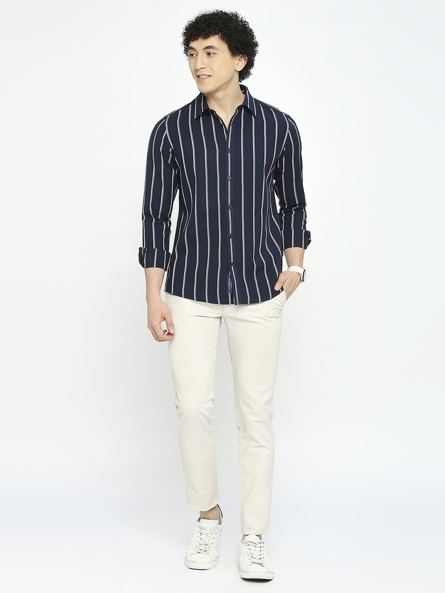 Being Human Dark Blue Slim Fit Striped Shirt