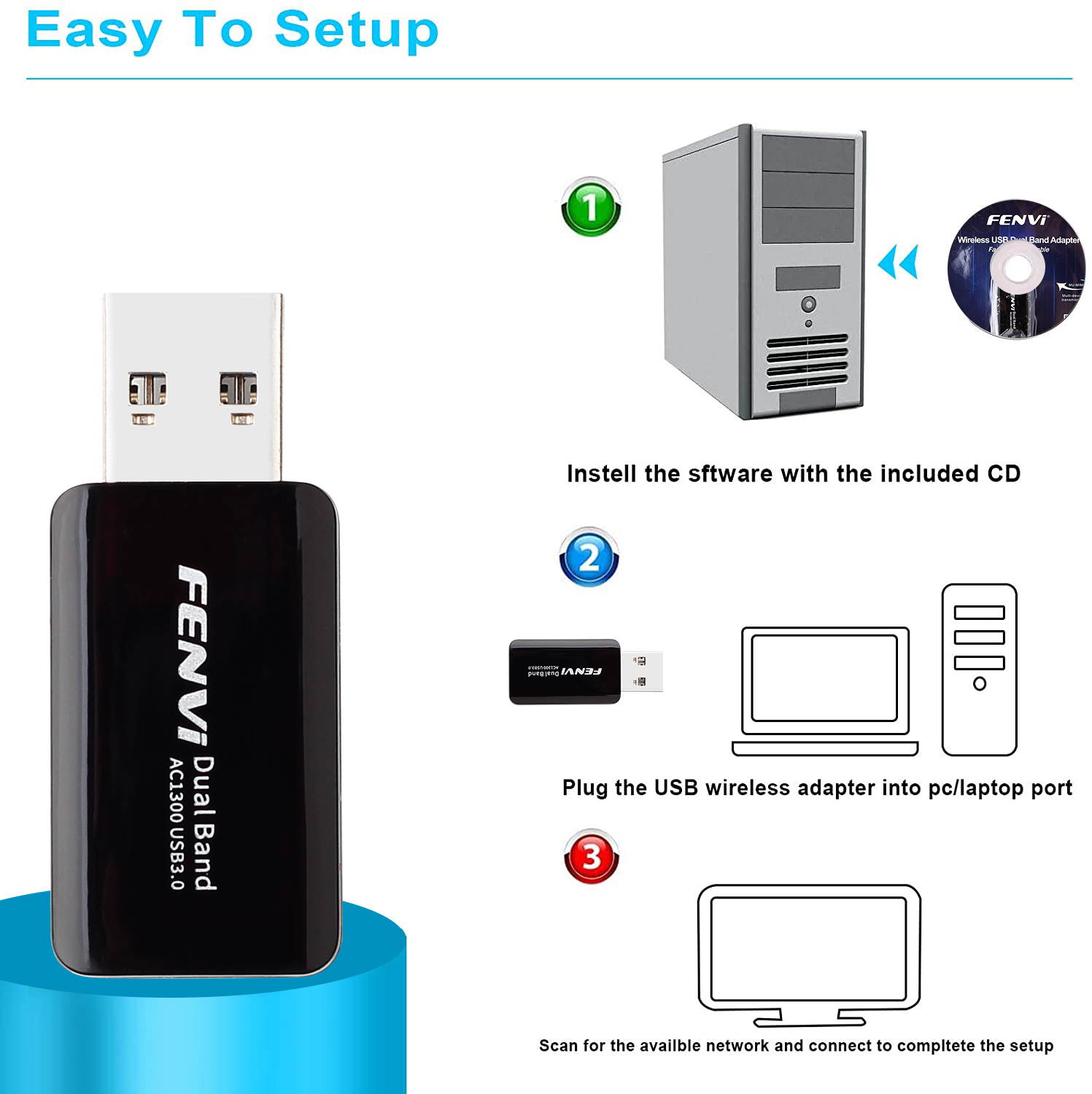 Fenvi Wireless USB WiFi Adapter for PC - 802.11AC 1300Mbps Dual Band 5G/2.4G WiFi USB 3.0 Wi-Fi Dongle  for PC Desktop Laptop Windows 10/8/8.1/7/Mac OS X 10.9-10.15, WiFi USB Computer Network Adapters