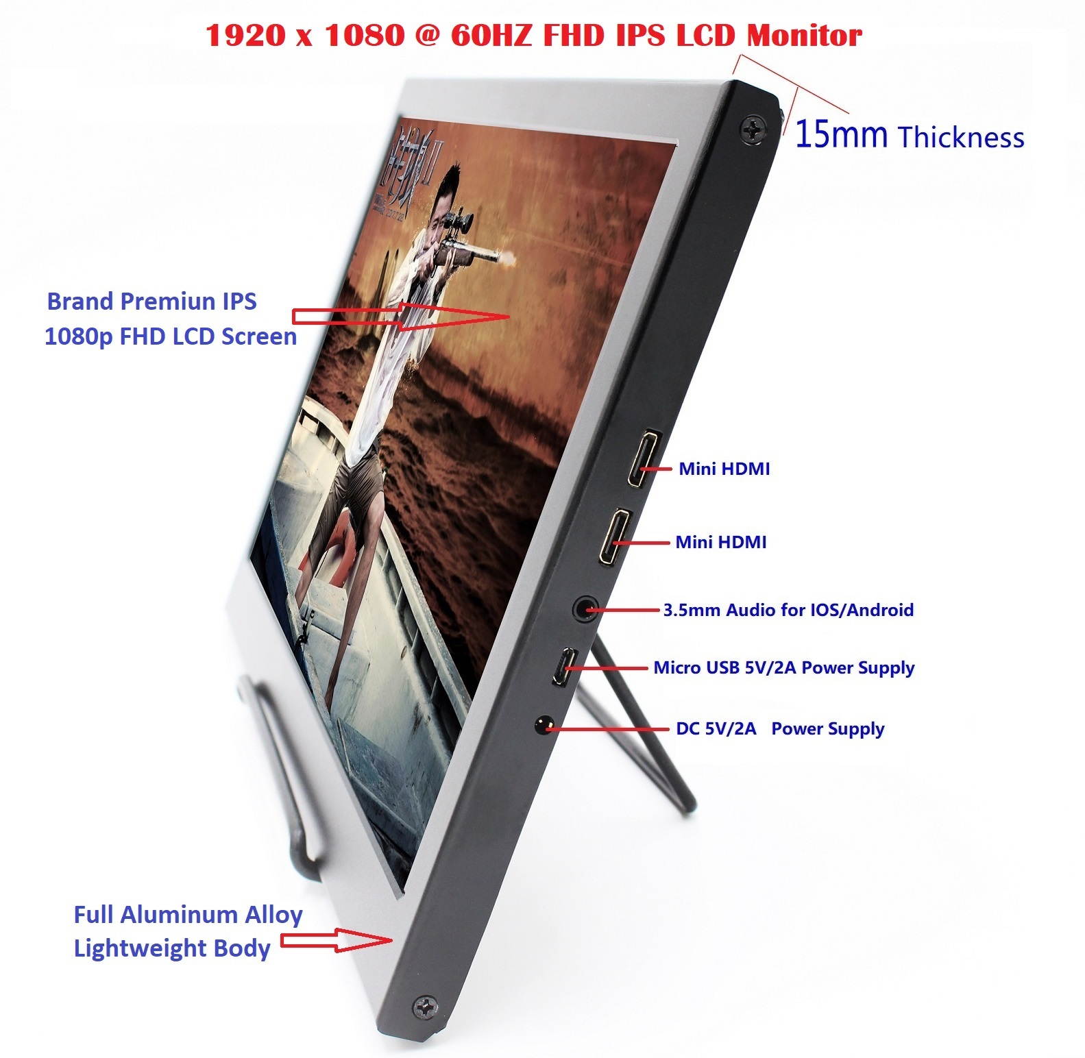 Full HD 13.3" 1920x1080 60HZ Universal Portable LCD Monitor with Dual Mini HDMI, 5V/2A USB / DC Powered, 3.5mm Headphone and Dual Built-in Speaker, Aluminum Alloy Body, Sharp / AUO LCD Screen Panel.