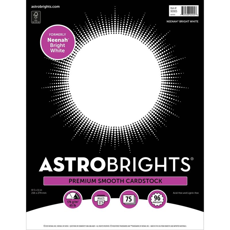 Astrobrights Neenah Cardstock 8.5" x 11" 65lb 75ct Bright White