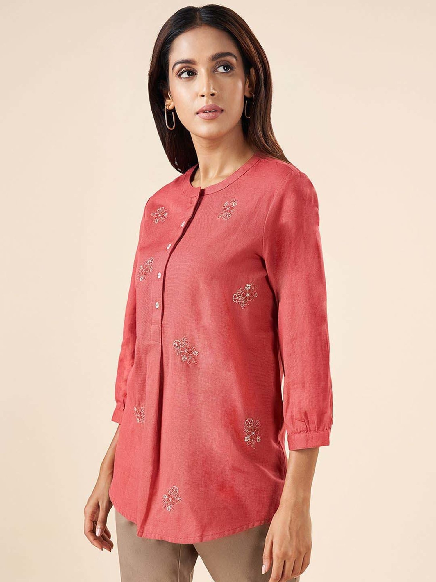 Akkriti by Pantaloons Rust Cotton Embroidered Tunic