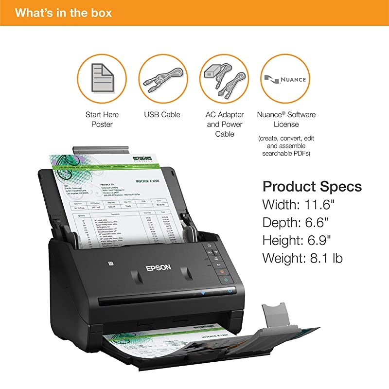 Workforce ES-500WR Wireless Color Receipt & Document Scanner for PC and Mac, Auto Document Feeder (ADF), Black