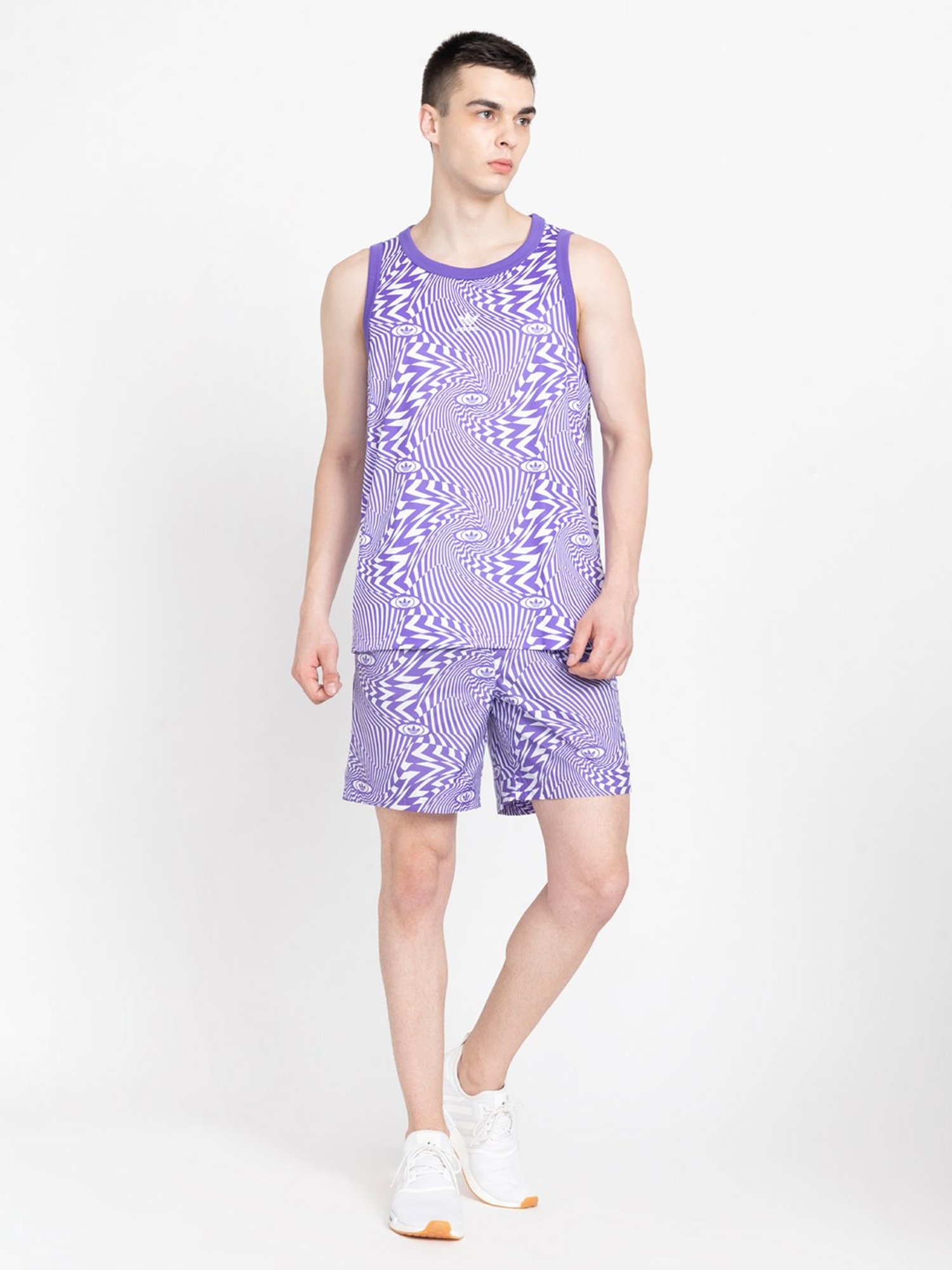 Adidas Originals White & Purple Regular Fit Allover Print Shorts