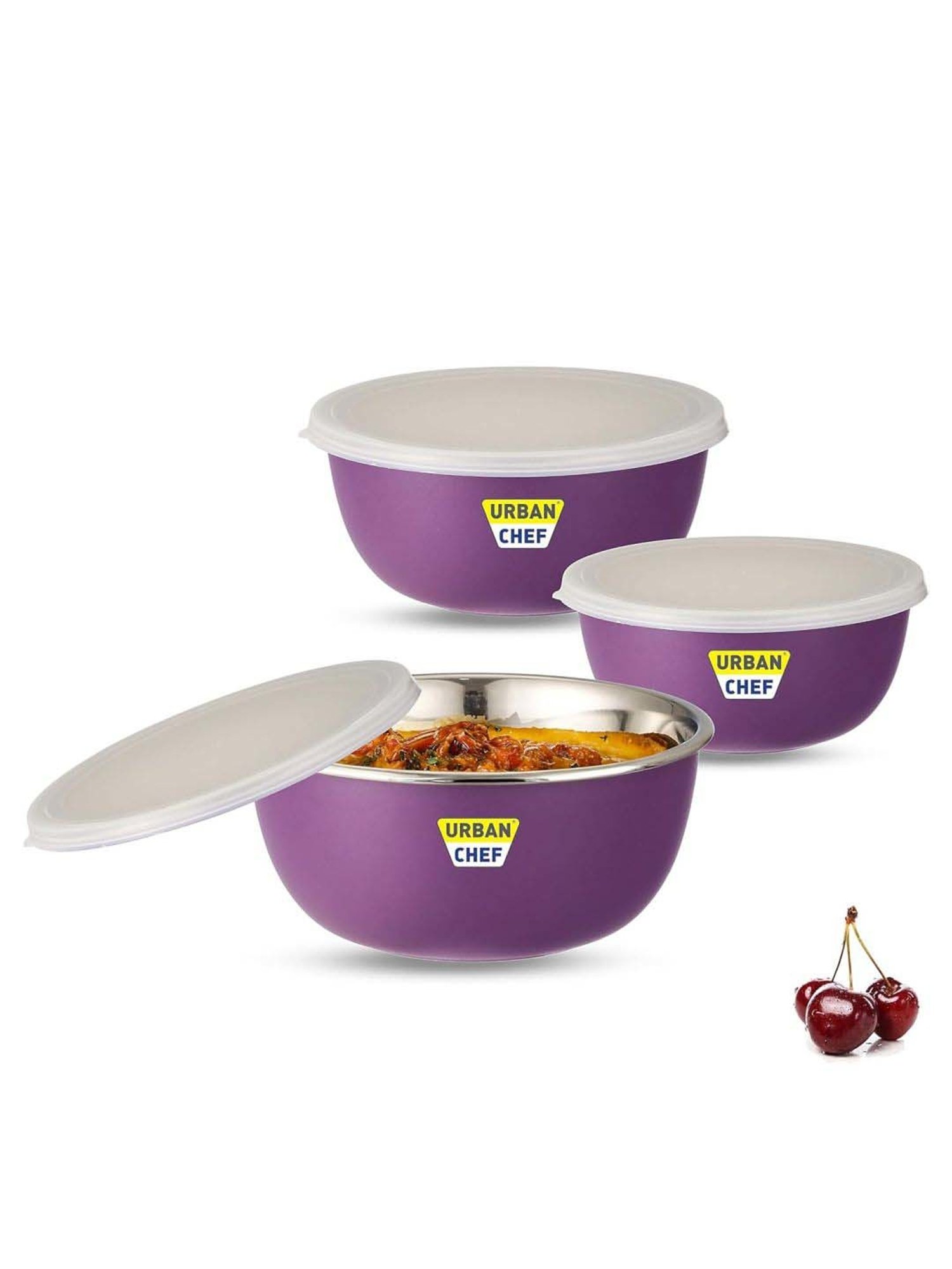 Urban Chef Purple Stainless Steel Microwave Safe Serving Bowl With Lid - Set of 3