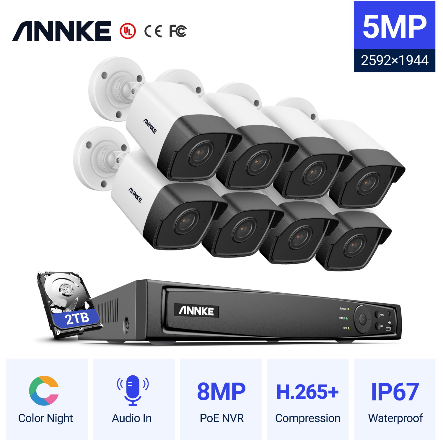 ANNKE 8CH NVR Video Surveillance System 5MP PoE Security Cameras System For Home Indoor Outdoor 8 Camera - 2TB HDD