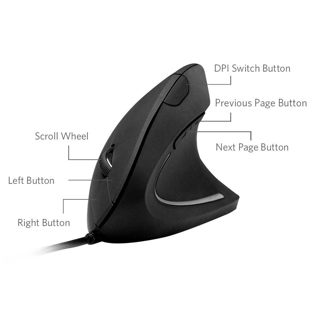 Black 2.4G Wireless Vertical Ergonomic Optical Mouse, 800 / 1200 /1600 DPI, 5 Buttons for Laptop, Desktop, PC, Macbook