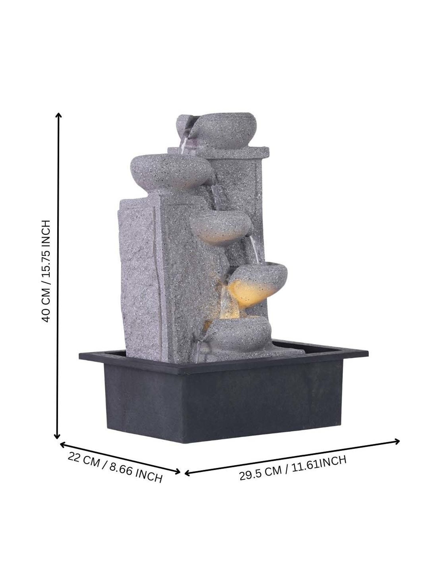 CHRONIKLE Grey Polyresin Table Top 5 Diya Steps Waterfall Fountain