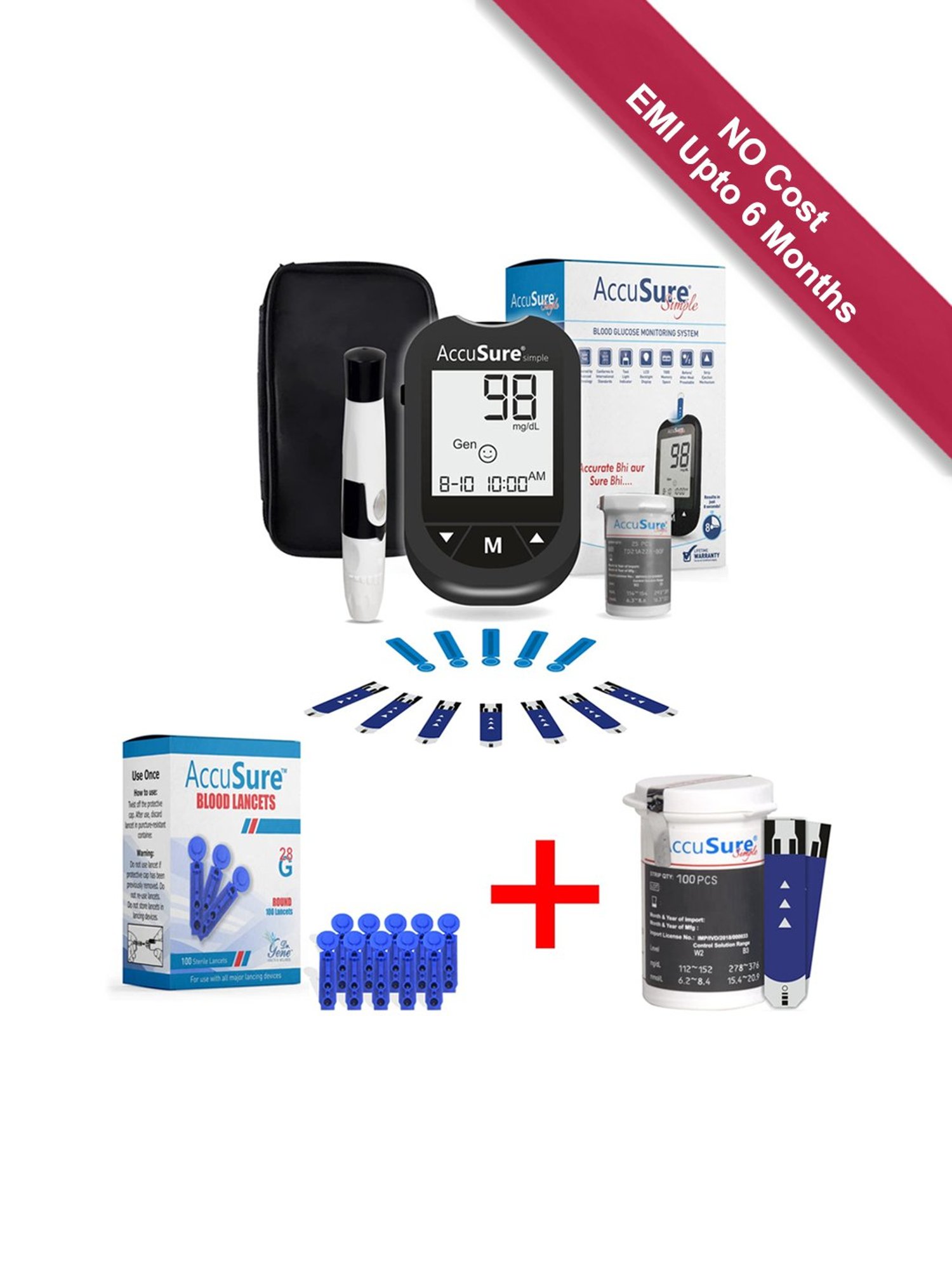 AccuSure Instant Digital Glucometer Kit With 100 Blood Lancet & Simple Strips 100 Test (Black)