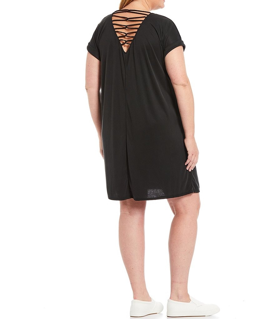 Moa Moa Plus Size V-Neck Spaghetti Loop Back Detail Short Cuffed Sleeve Dress