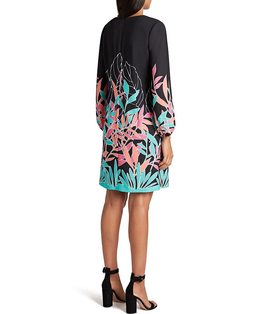Tahari ASL V-Neck 3/4 Puff Sleeve Leaf Motif Shift Dress