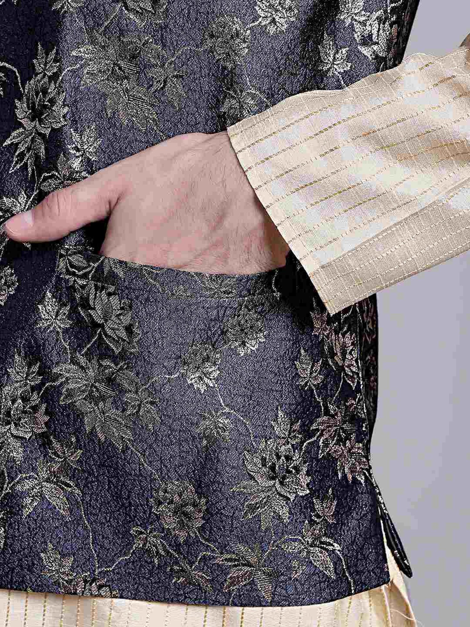 Jompers Dark Grey Regular Fit Printed Nehru Jacket