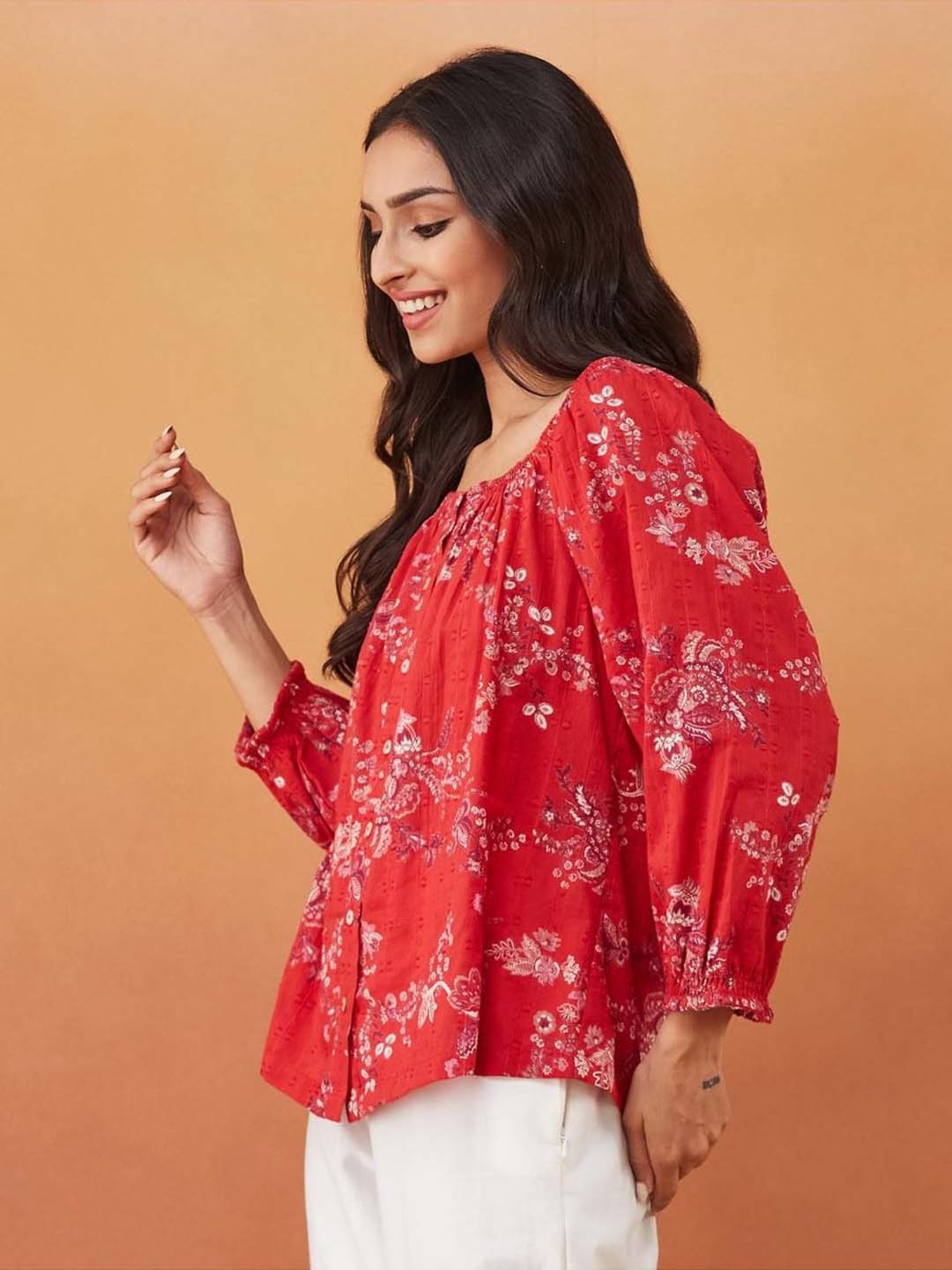 Fabindia Red Cotton Floral Print Top