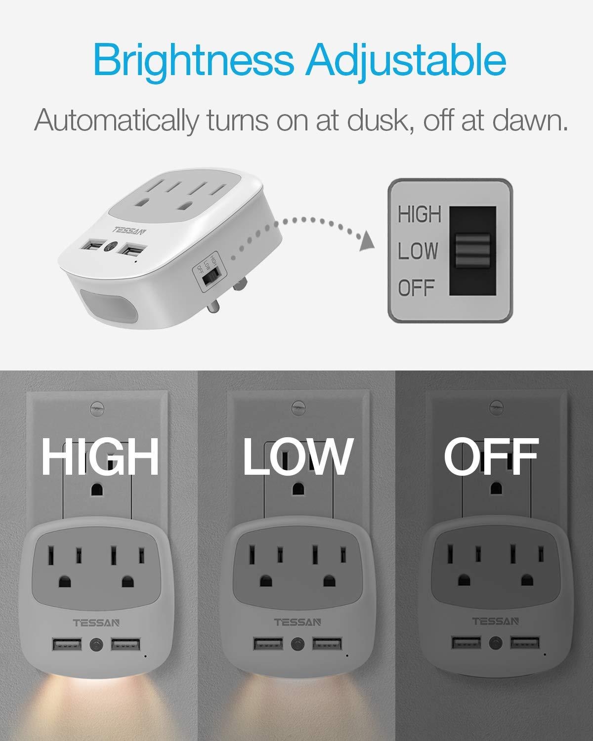 USB Outlet Plug Extender, TESSAN Power Outlet Expander with USB Wall Charger and Night Light Adapter for Travel Cruise Essentials, Mini Phone Charger with Multiple Outlet Splitter