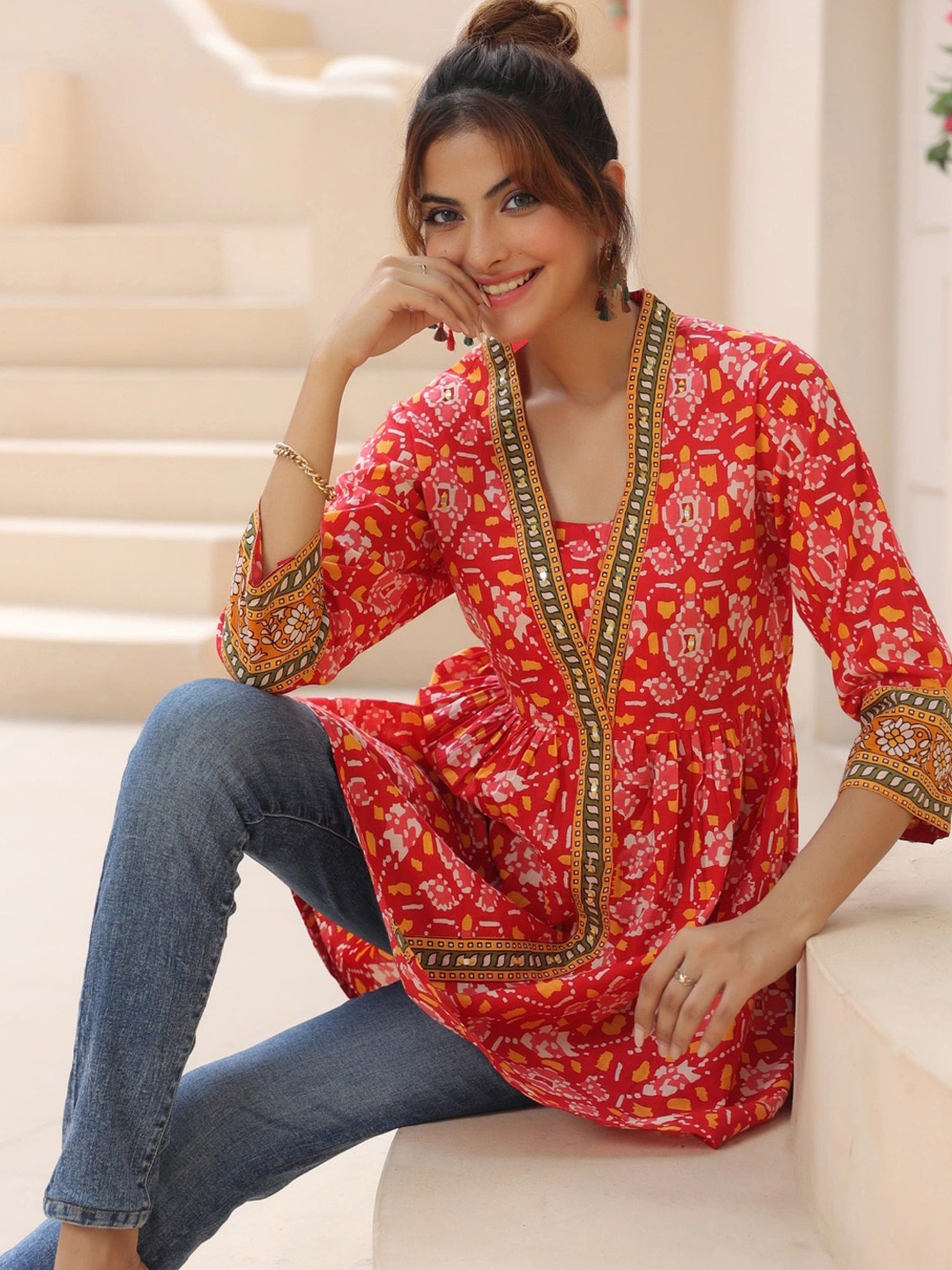 Rain and Rainbow Red Cotton Printed Top