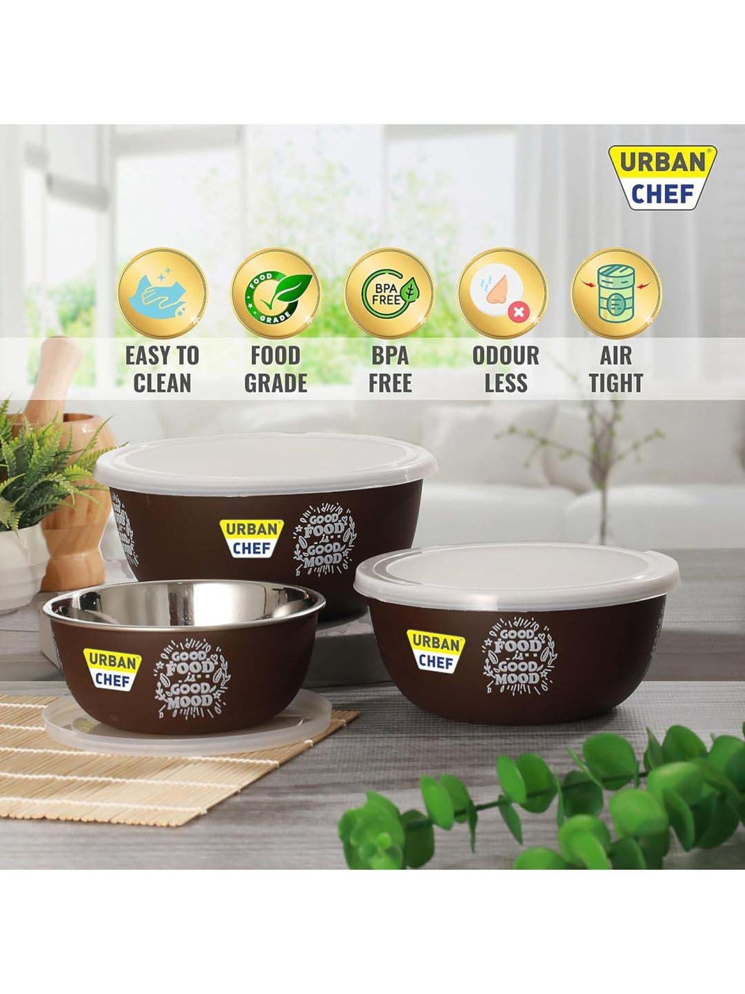 Urban Chef Brown Stainless Steel Microwave Safe Serving Bowl With Lid - Set of 3