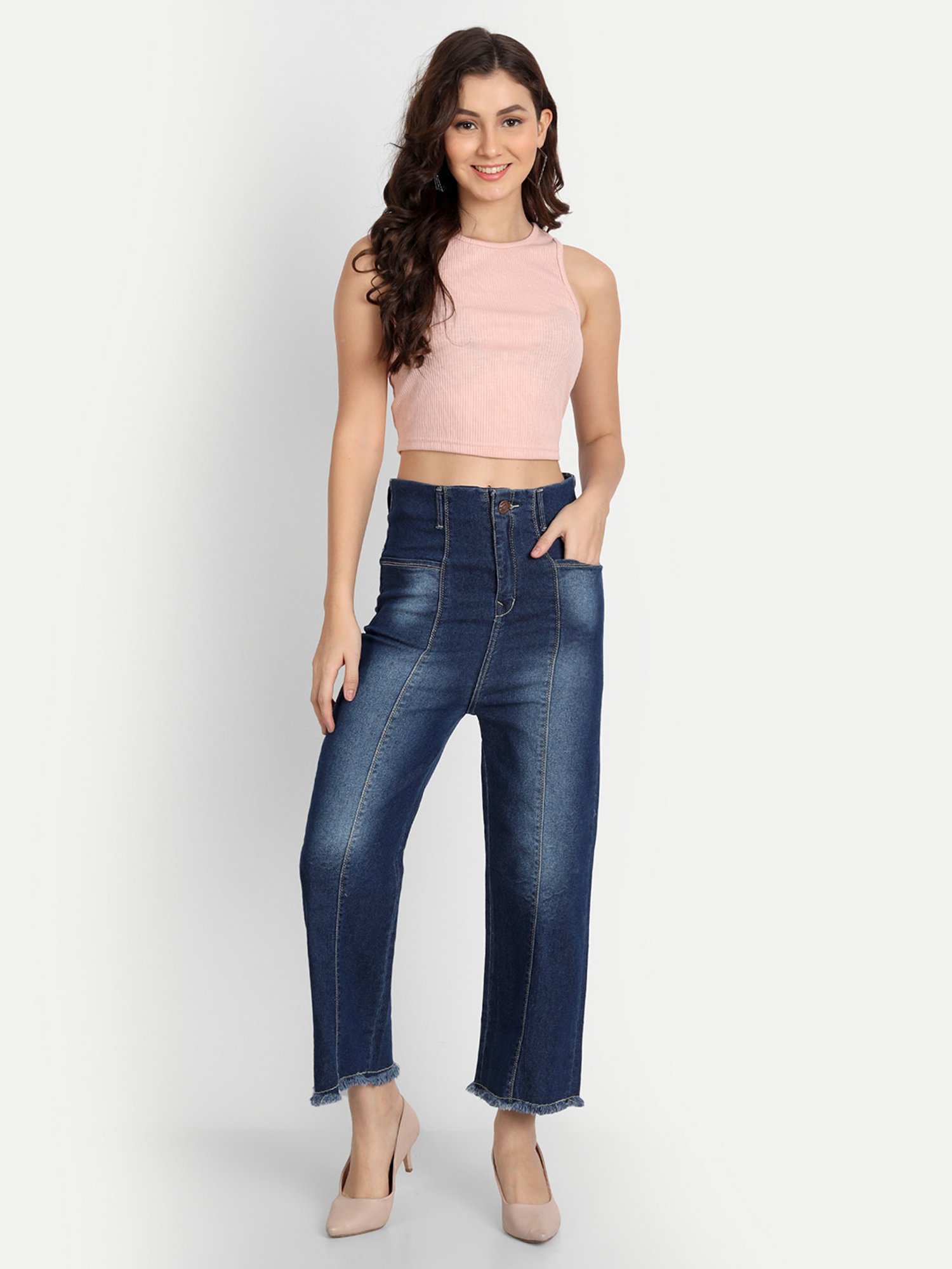 Angelfab Dark Blue Cotton Relaxed Fit High Rise Jeans