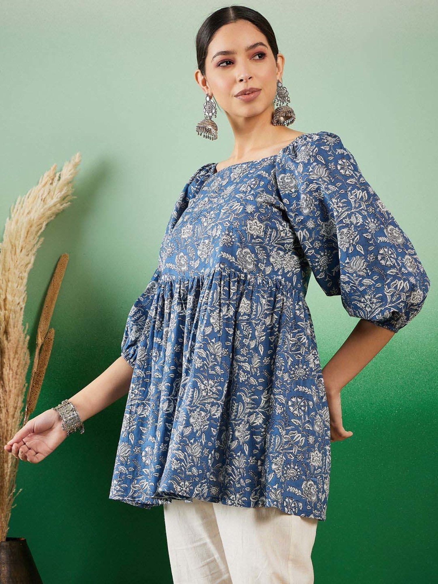 Inweave Blue Cotton Floral Print Top