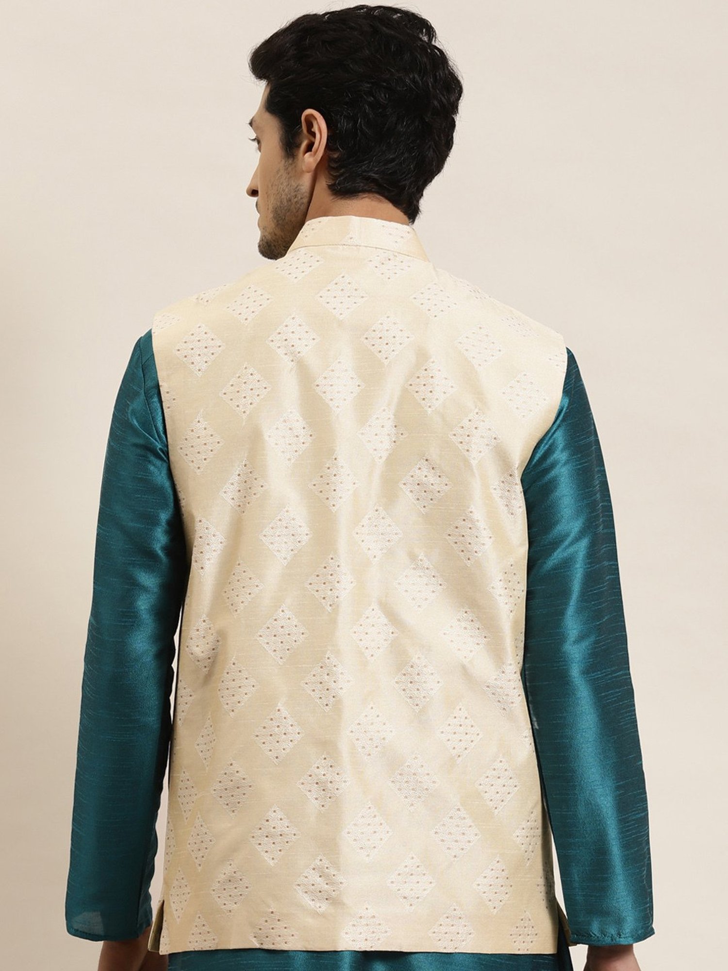 Sojanya Beige Regular Fit Self Pattern Nehru Jacket