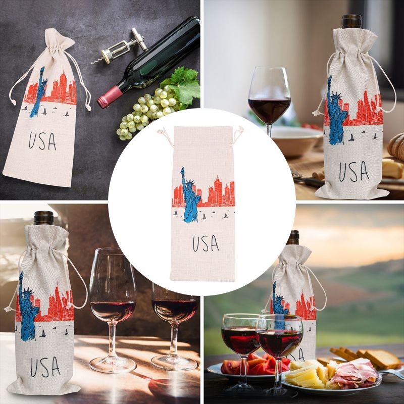Independence Day Printed Wine Bag Drawstring Gift Bag Linen Wine Storage Pouch Party Supplies (Celebrating)