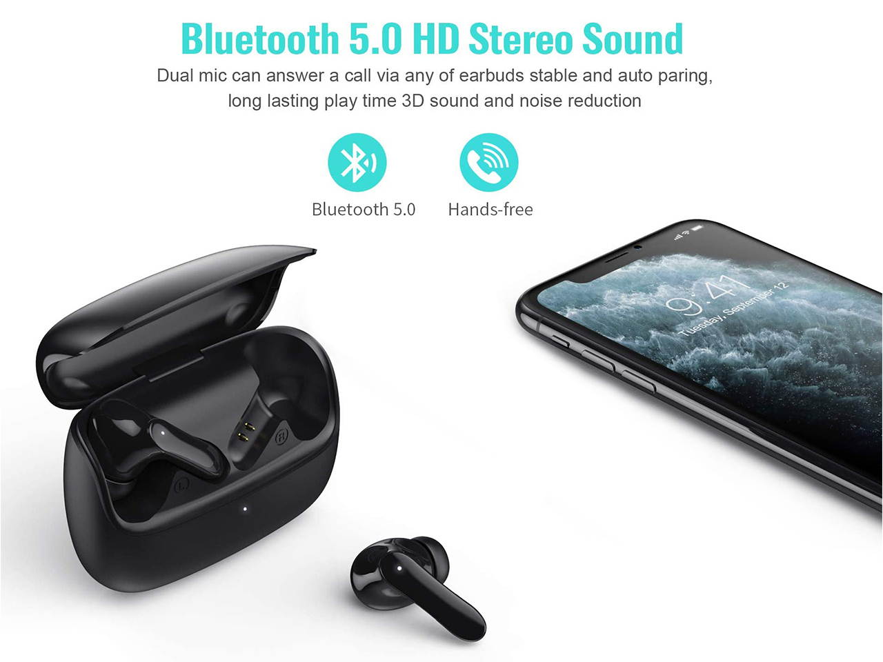 True Wireless Earbuds, S19 Bluetooth Earphones Upgraded with Built-in Microphone, 40H Play time, IPX6 Waterproof, Smart Touch Control for Gym Sport Wireless Headphone Stereo Sounds for mobilephone