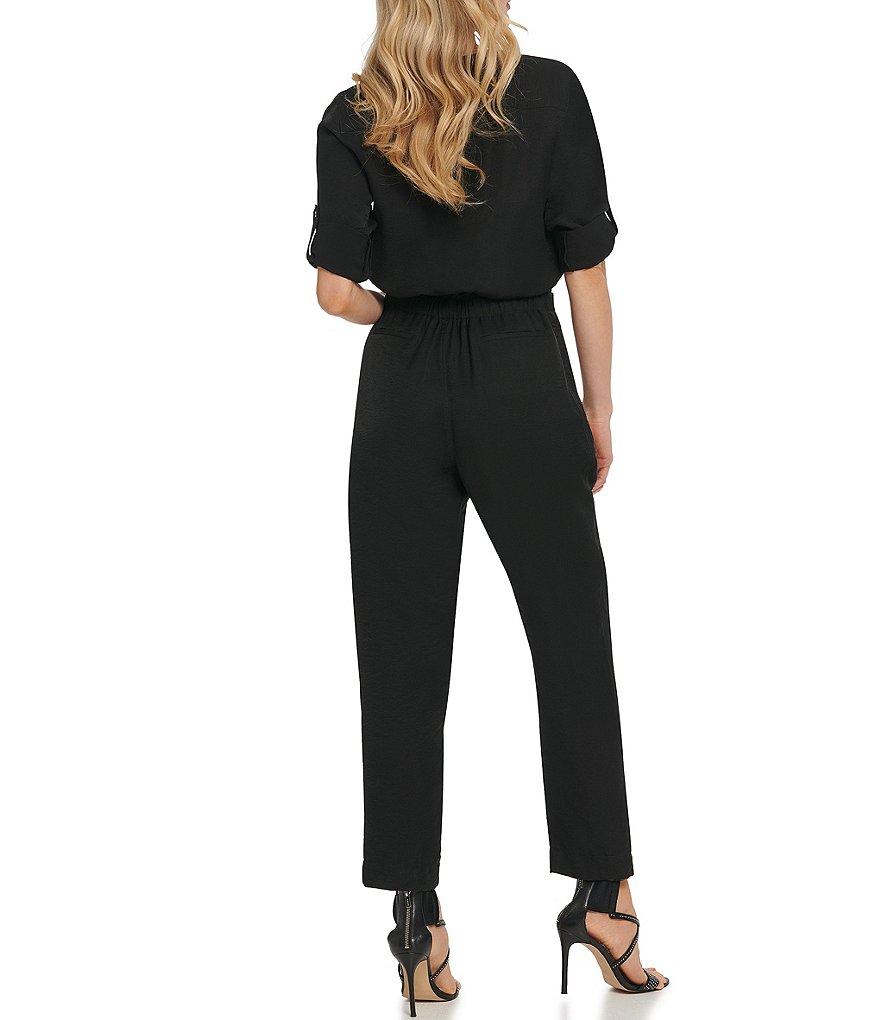 DKNY Washer Satin Twill V-Neck Zip Front Roll-Tab Sleeve Jumpsuit
