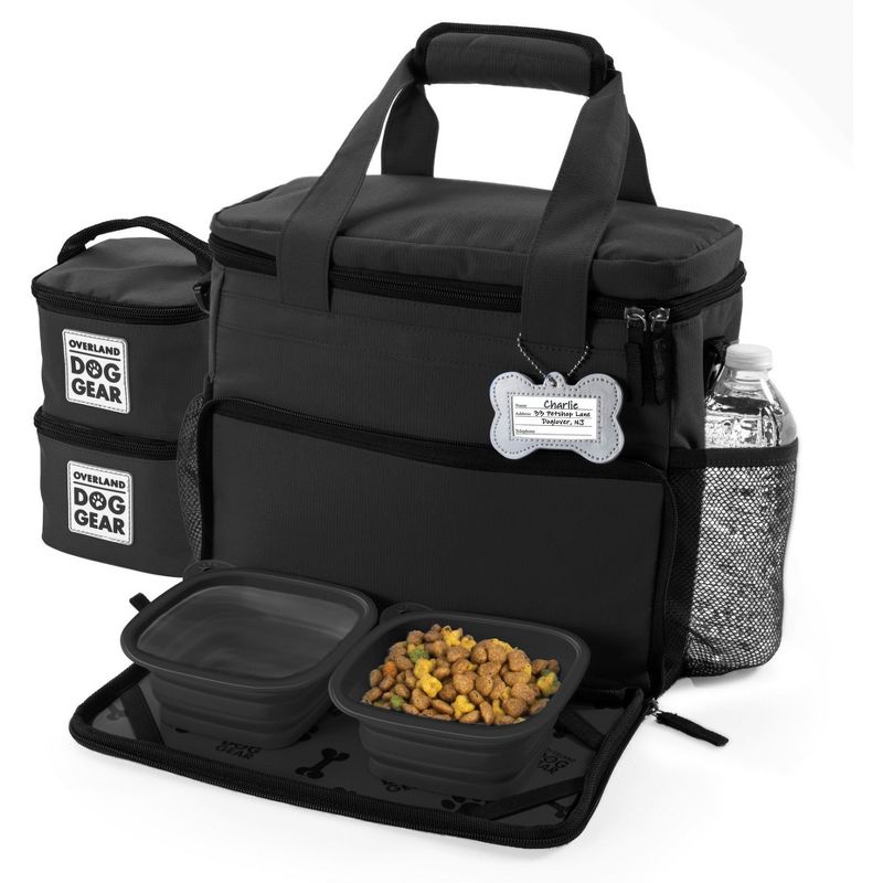 Overland Dog Gear Travel Bag - Week Away Bag for Small Dogs with 2 Food Carriers, Placemat & 2 Bowls