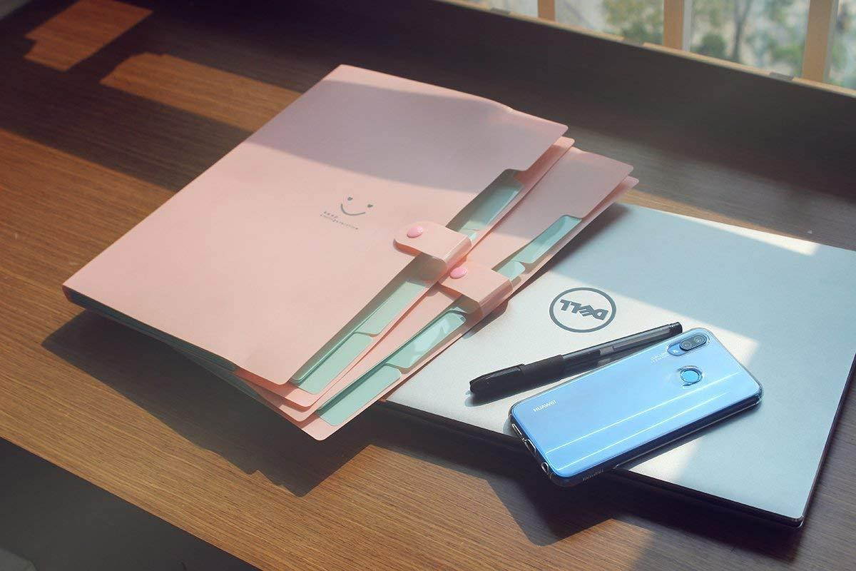 Placstic Expanding File Folders Accordion Document Organizer 5-Pocket A4 Letter Size with Snap Closure for School and Office,2-Pack,Pink