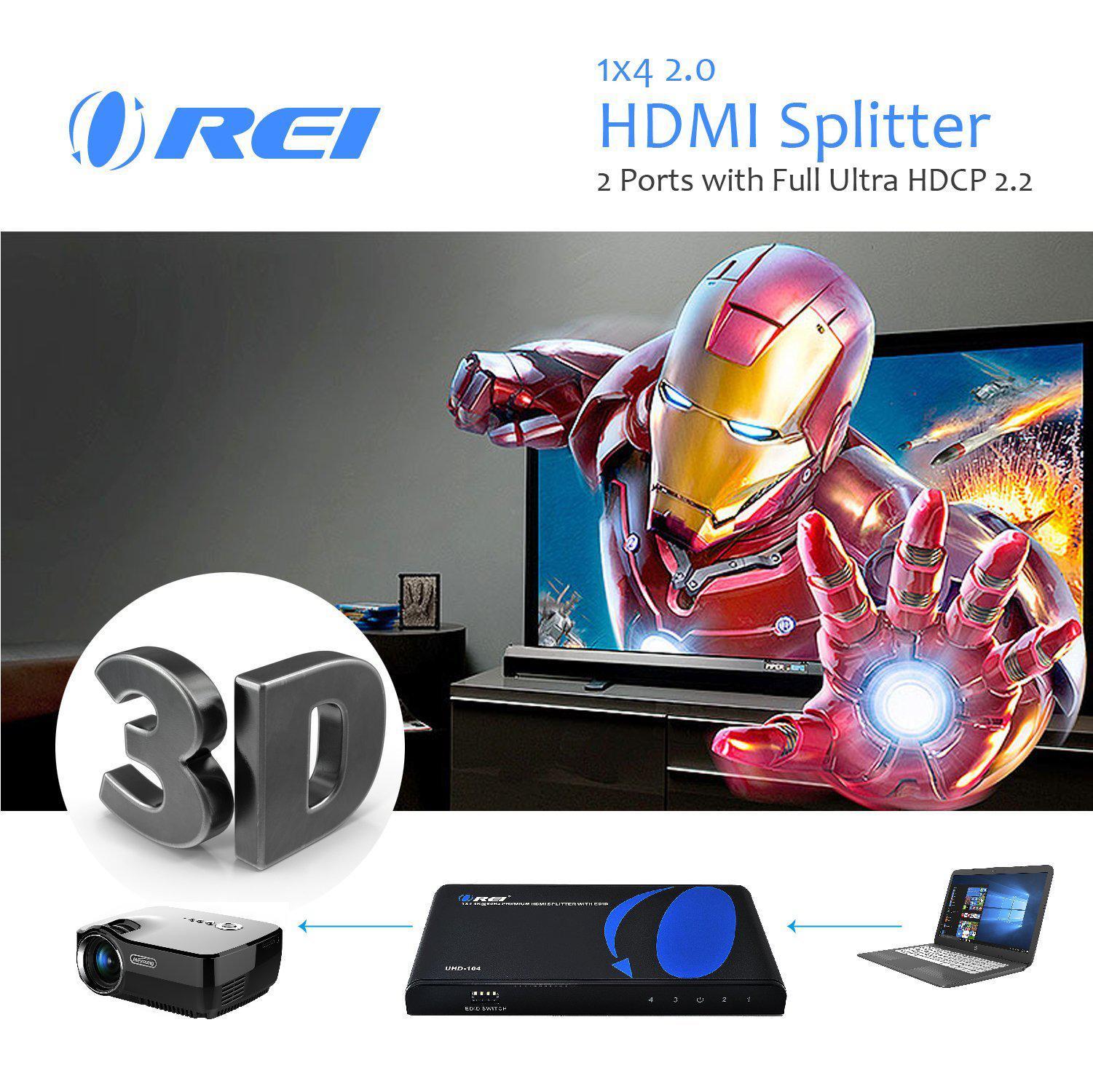 Orei 1x4 2.0 HDMI Splitter 2 Ports with Full Ultra HDCP 2.2, 4K at 60Hz & 3D Supports EDID Control - UHD-104