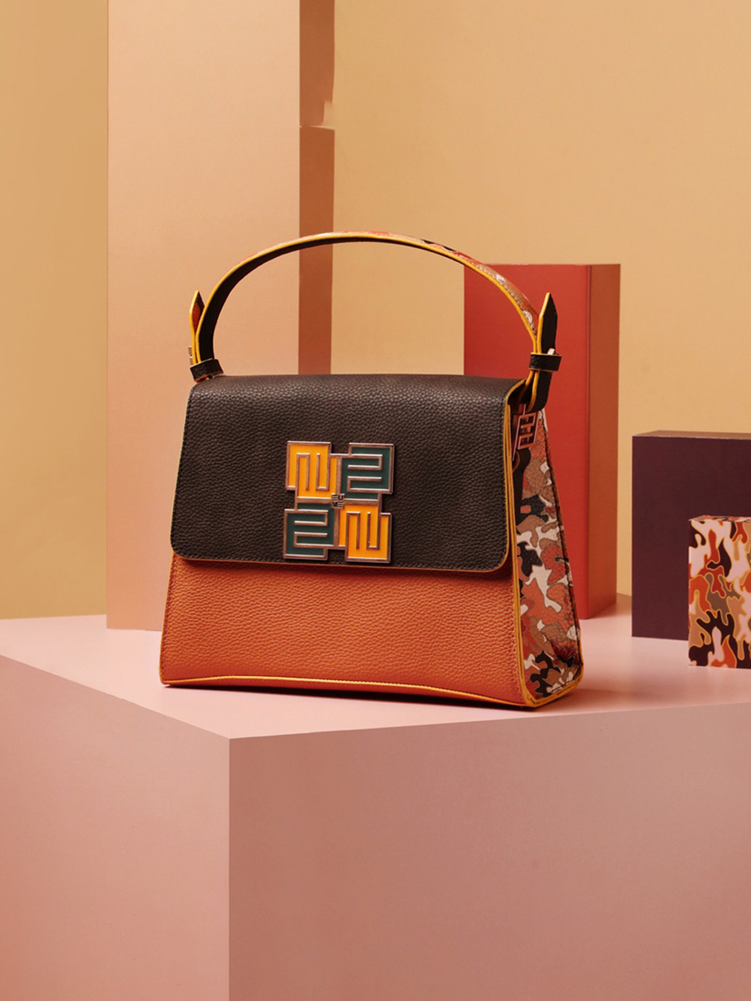 Eume Espresso Mustard Camo Vegan Leather Satchel Handbag