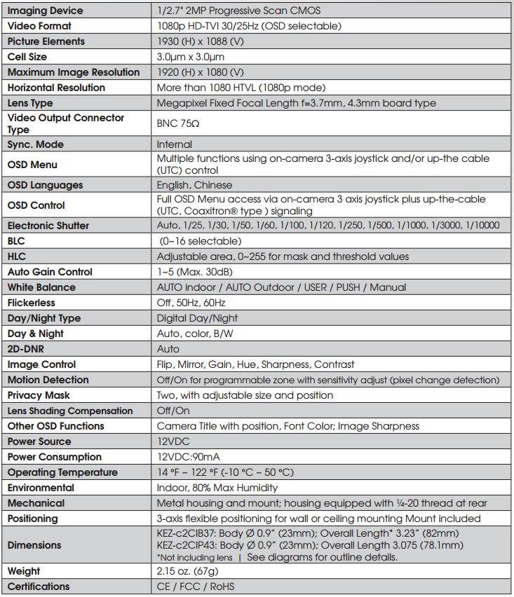 KT&C HD-TVI 2MP 1080p Bullet CCTV Camera 4.3mm Pinhole Mini Camera Supports UTC