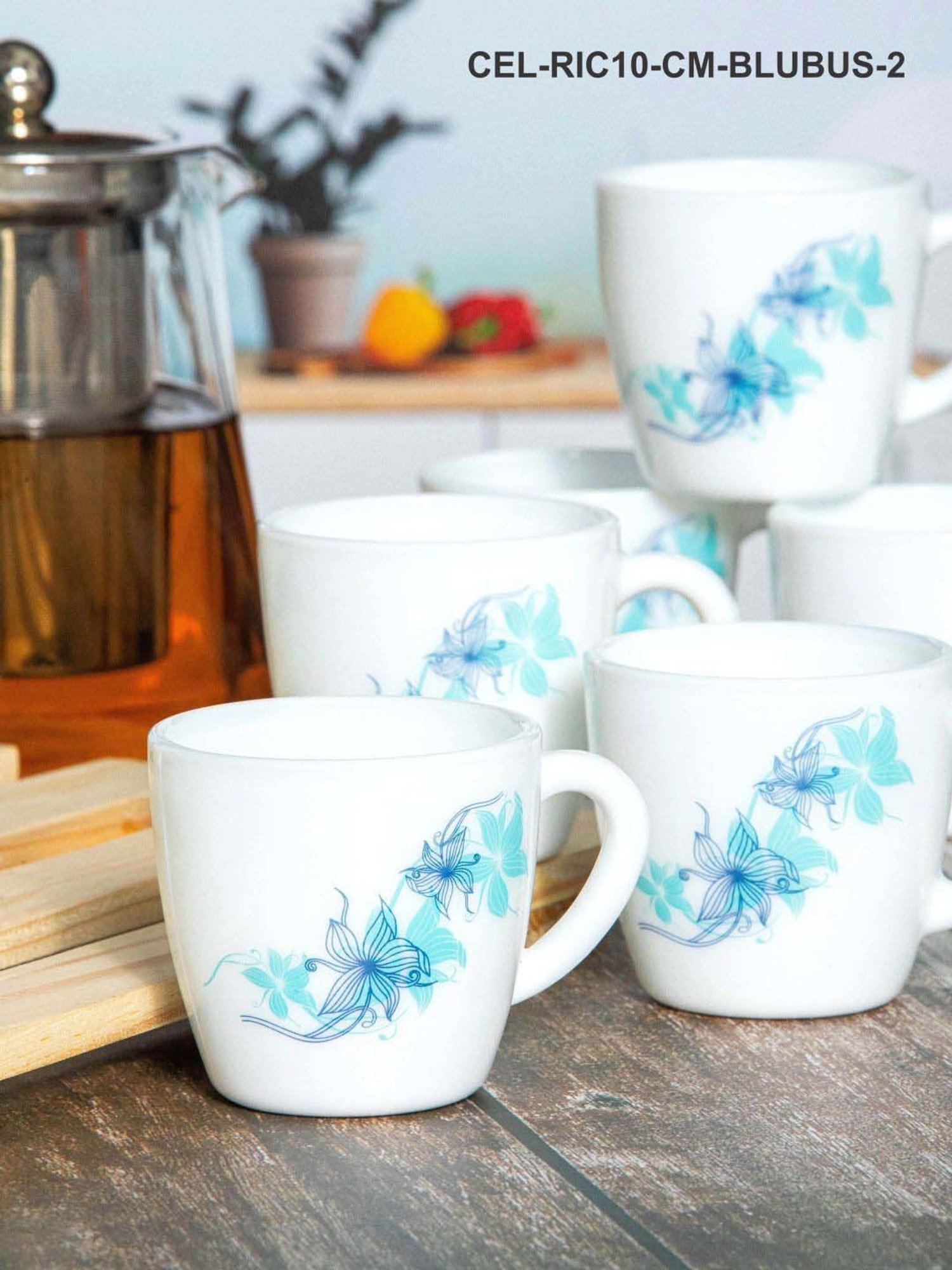 Cello White & Blue Glass Coffee Mug (0.1 L) - Set of 12