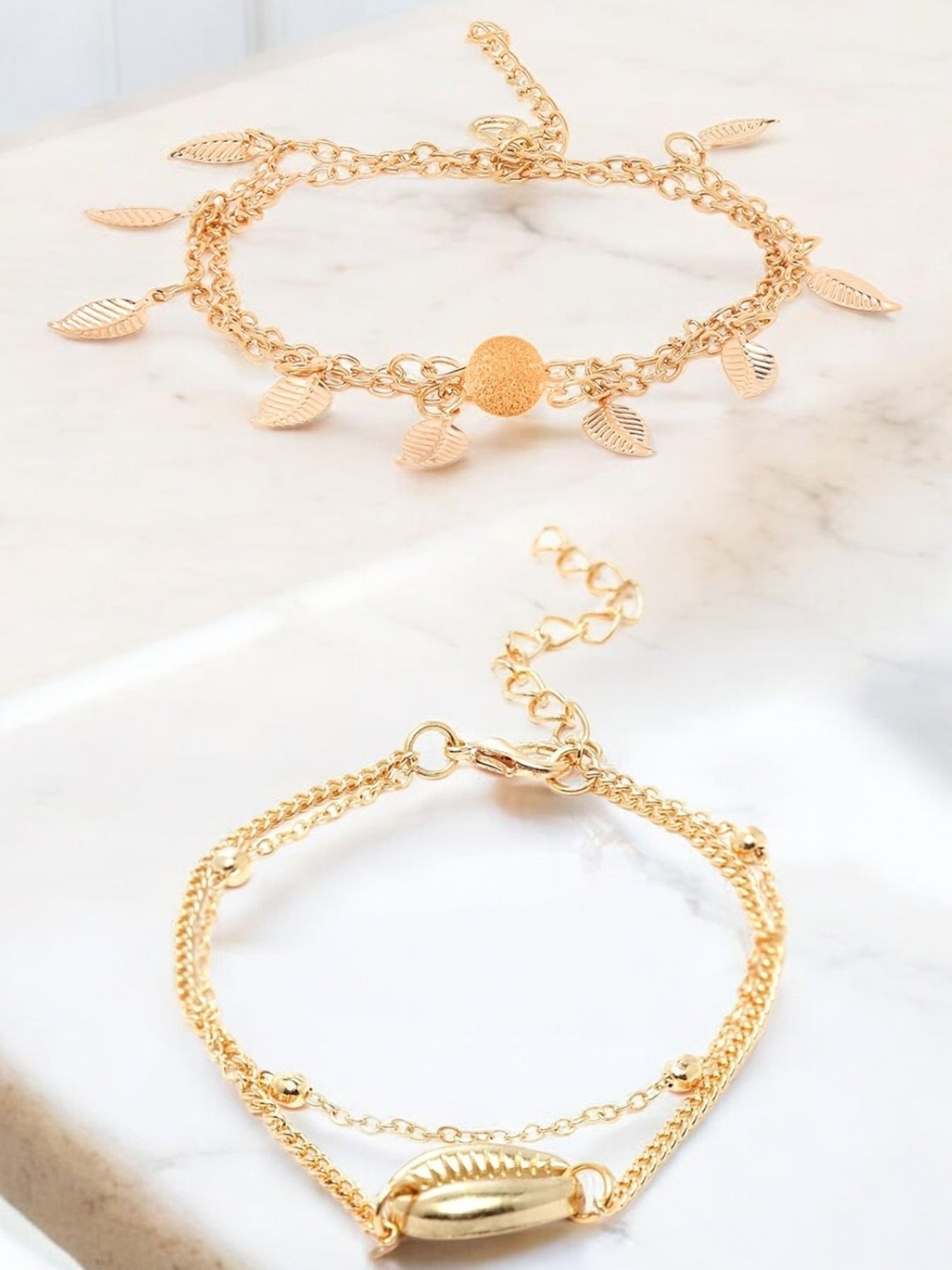 OOMPH Gold Tone Multi Layer Leaf & Sea Shell Beach Fashion Anklet Pack of 2