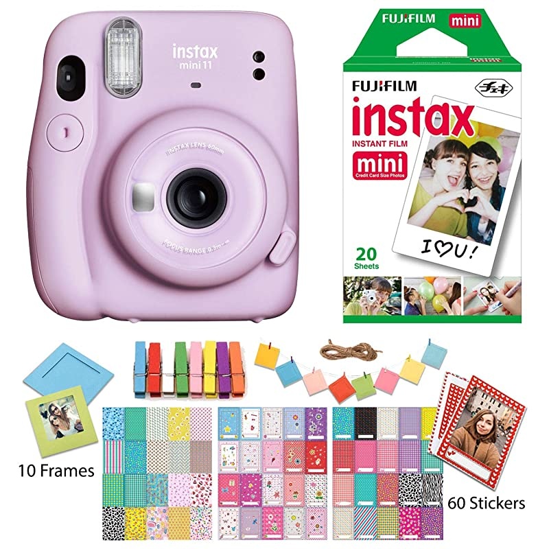 Instax Mini 11 Lilac Purple Instant Camera with Twin Pack Instant Film Ritz Gear Frame Stickers and Ritz Gear Hanging Frames