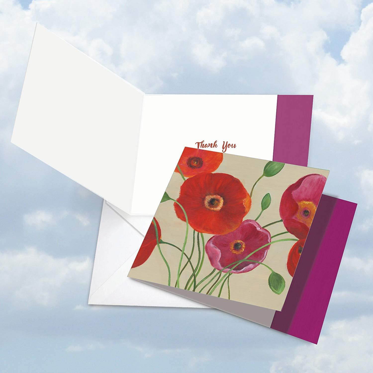MQ4548TYG-B3x4 Painted Poppies: 12 Assorted 'Square-Top' Thank You Note Cards Featuring Bold and Vibrant Images of Colorful Poppy Flowers with Envelopes.