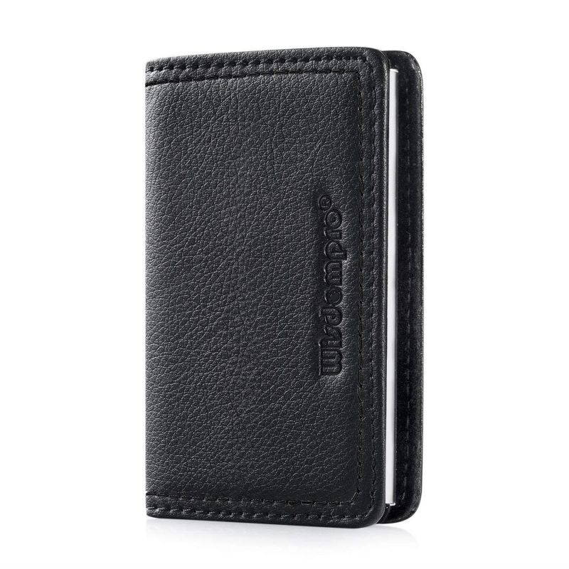 Business Card Holder, Wisdompro PU Leather & Metal Name Card Holder Wallet Case with Magnetic Closure for Men and Women - Metal Black Thread