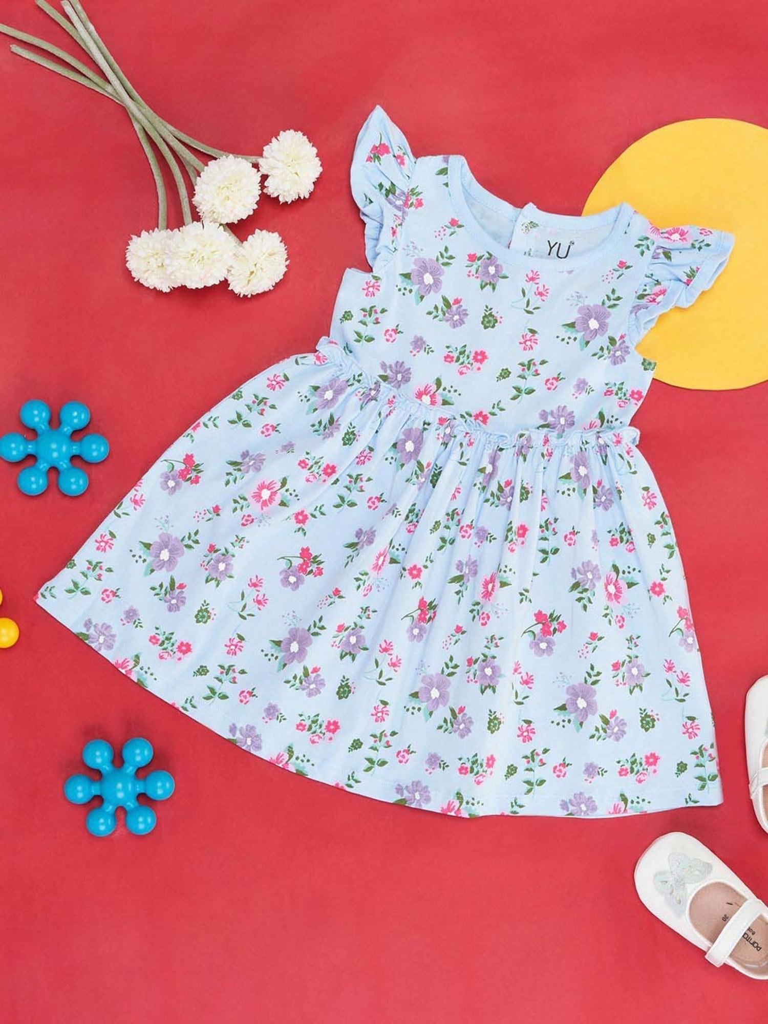 YU by Pantaloons Kids Blue Cotton Floral Print Dress