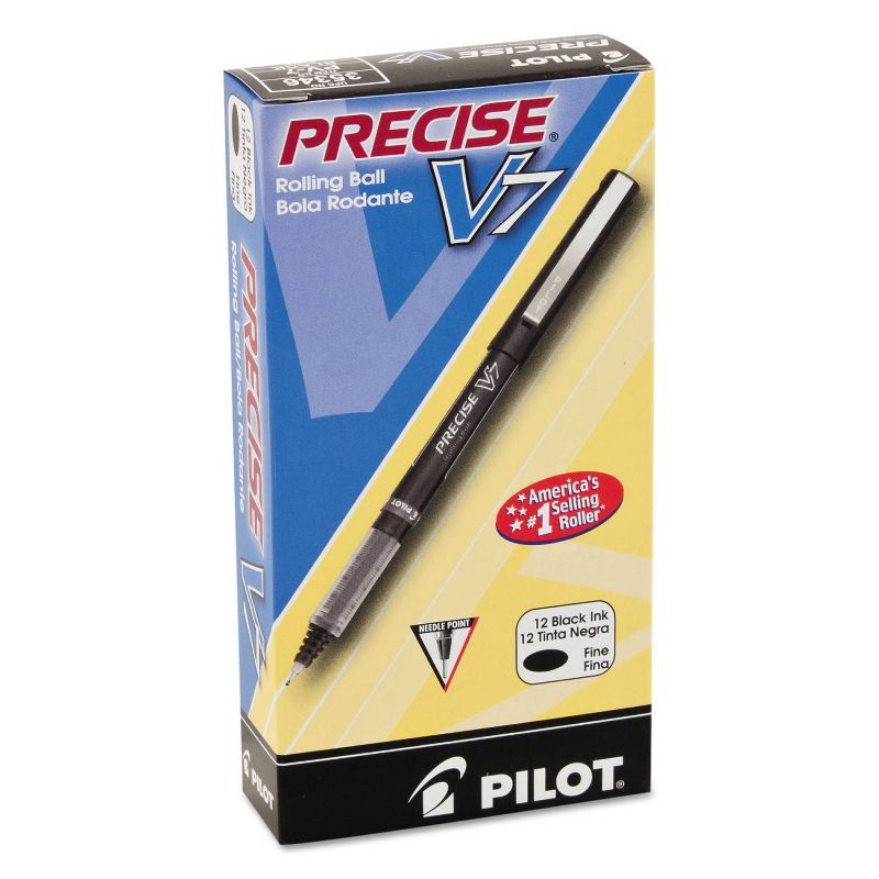 Pilot Precise V7 Roller Ball Stick Pen, Needle Point, 0.7mm Fine - Black Ink (12 Per Pack)
