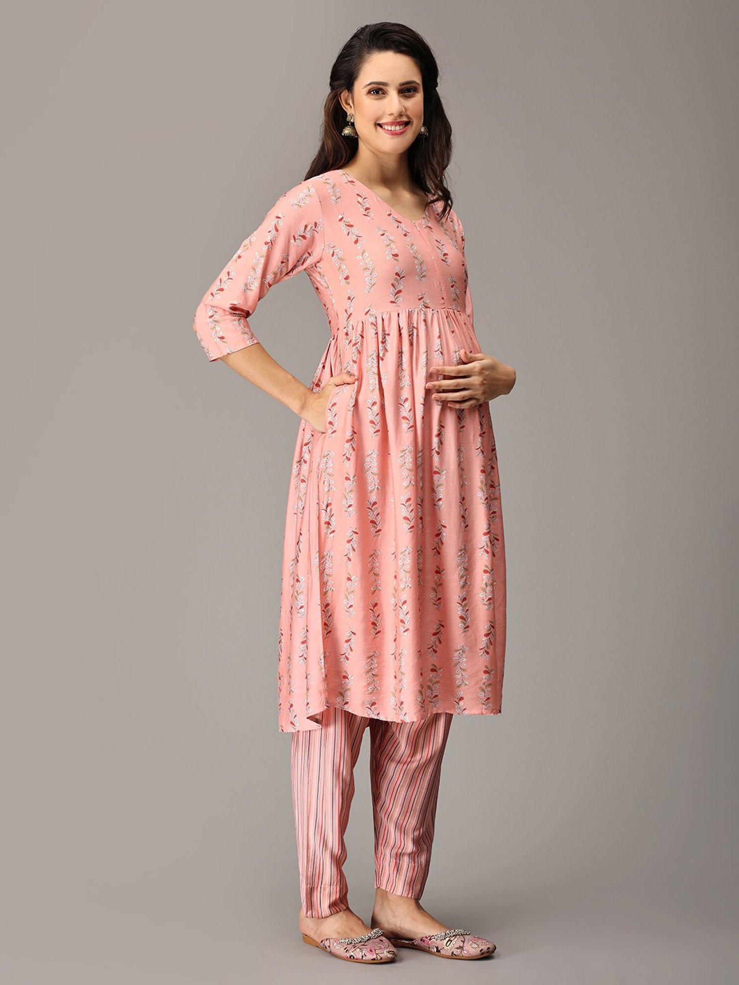 The Mom Store Peach Floral Print Maternity Kurta Pant Set