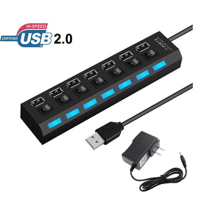 Black 7ports 7-Port USB 2.0 Hub with US Power Adapter with Independent Switches for pc laptop