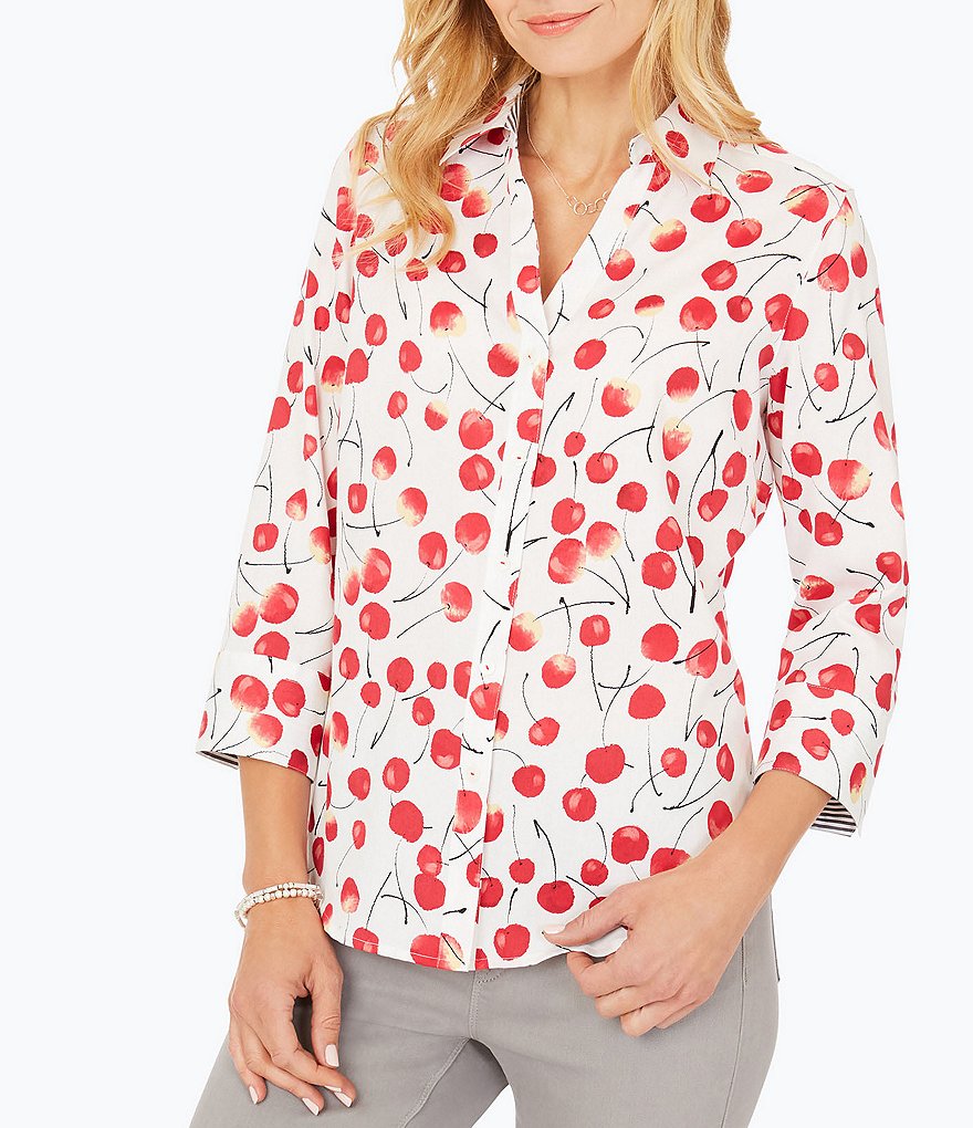 Foxcroft Mary Button Down Cherry Print Top