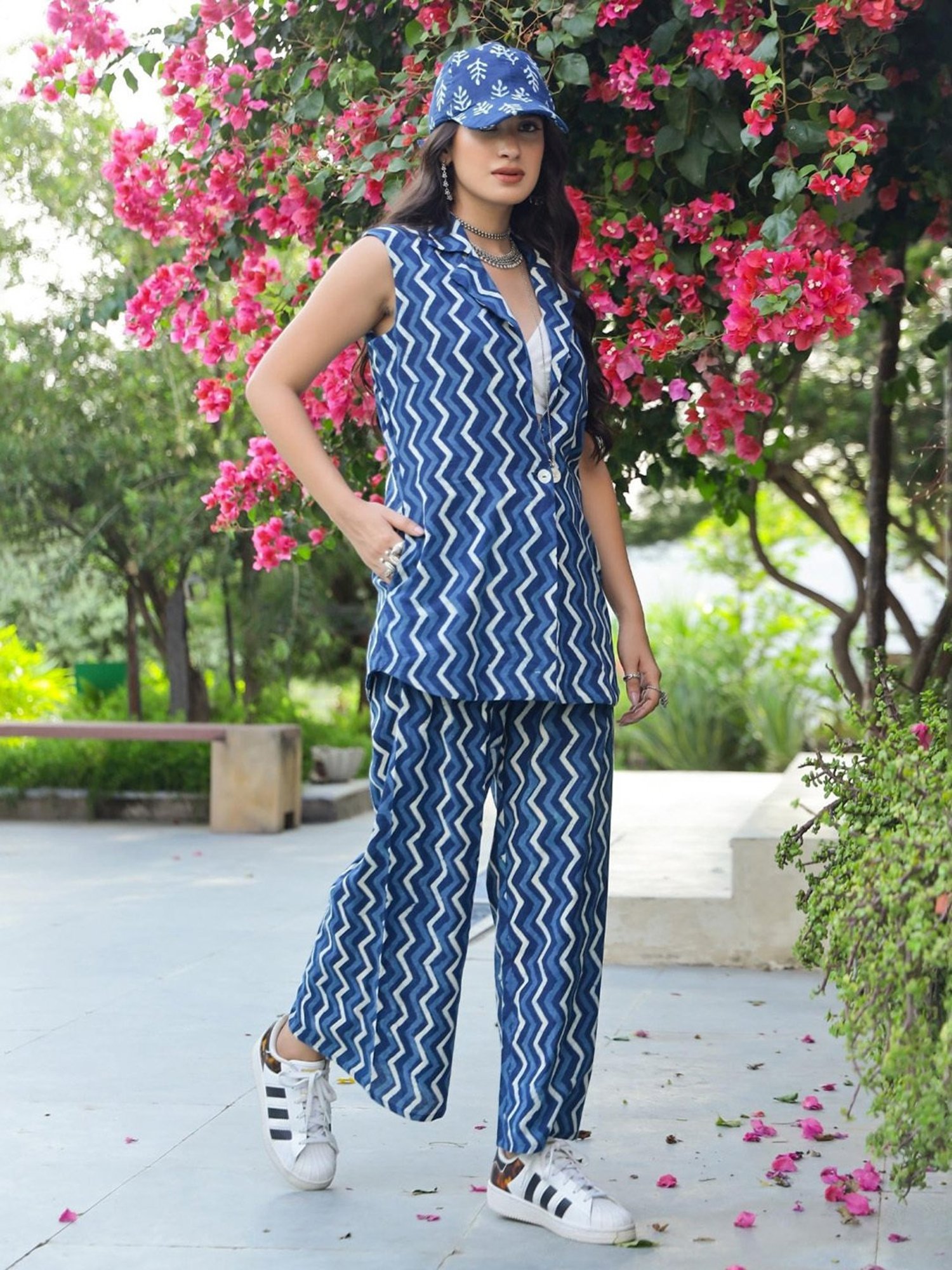 Gulaal Indigo Chevron Dabu Print Jacket with Pant