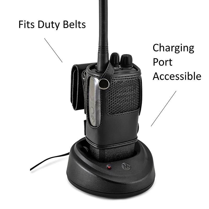 Carry Holder for CP200d Fire and Police Security Two Way Radio Belt Clip Holster Case Black Leather Pouch with Heavy Duty Rotating Ratcheting 225quot Belt Loop Made in USA