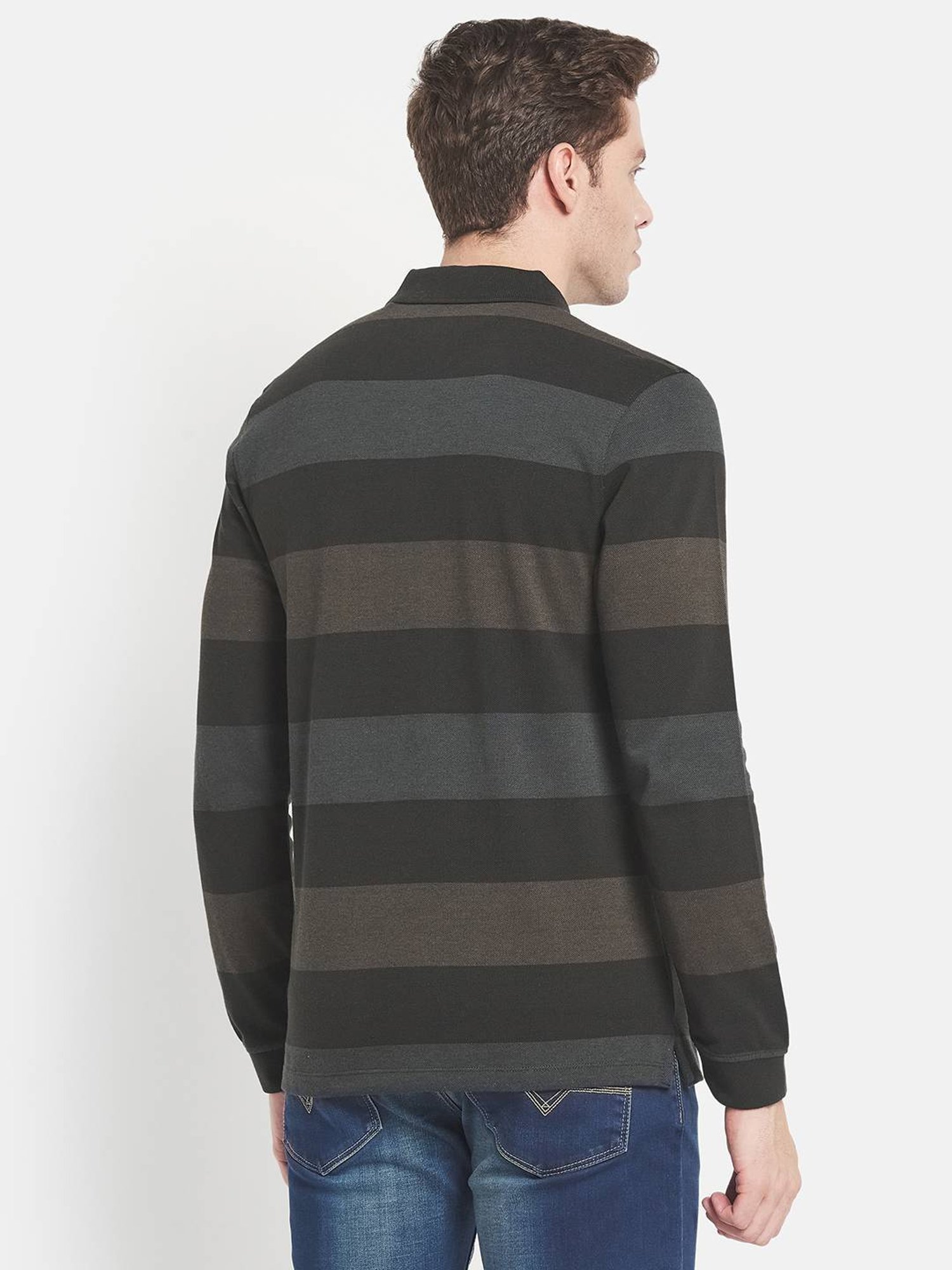 Mettle Olive Cotton Regular Fit Striped Polo T-Shirt