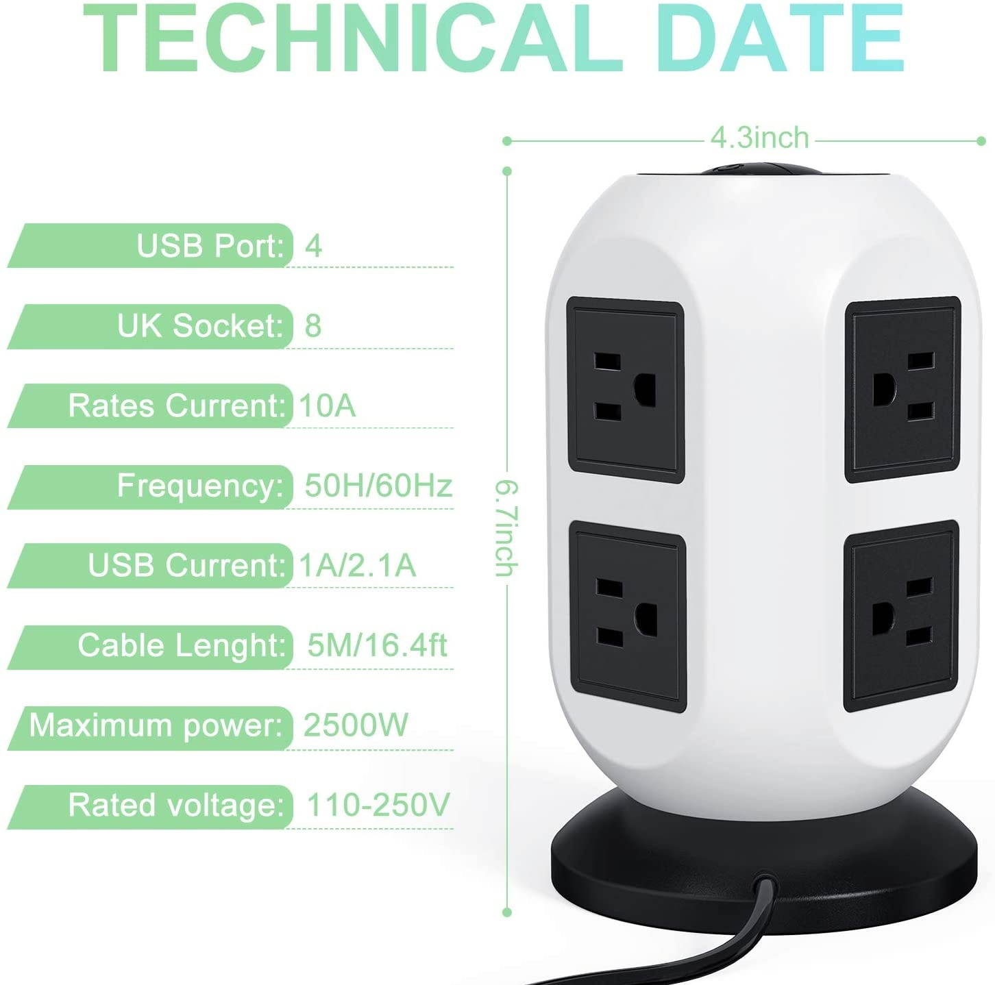 Power Strip Tower Surge Protector - 5M/16.4FT Surge Protector Power Strip with USB, Power Strip with Surge Protection with 8 AC Outlets & 4 USB Ports, Overload Protection, Short Circuit Protection.