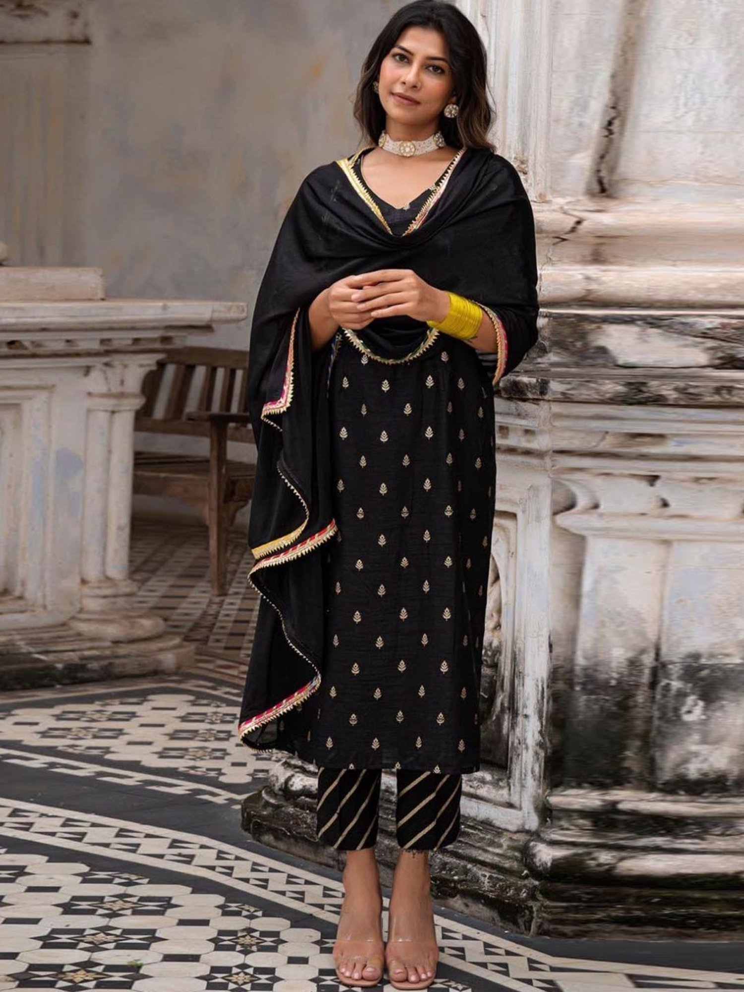 Eeshva India Black Rangaa Re Amee Kurta with Pant and Dupatta in Silk