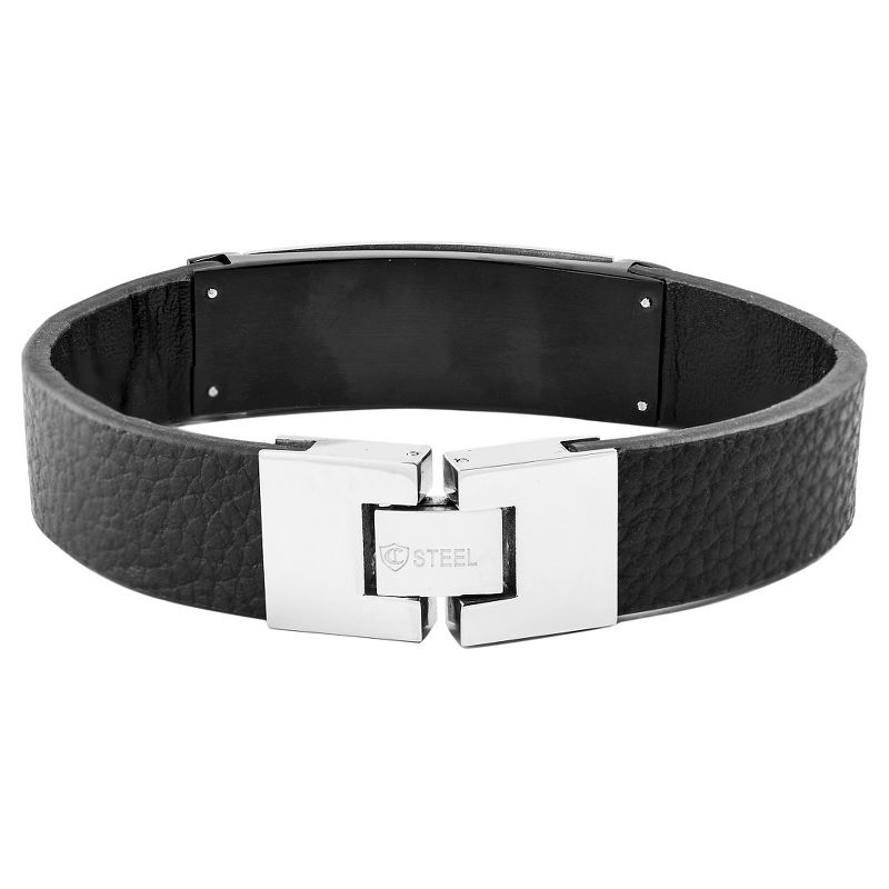 Men's Crucible Stainless Steel Framed ID Black Leather Bracelet