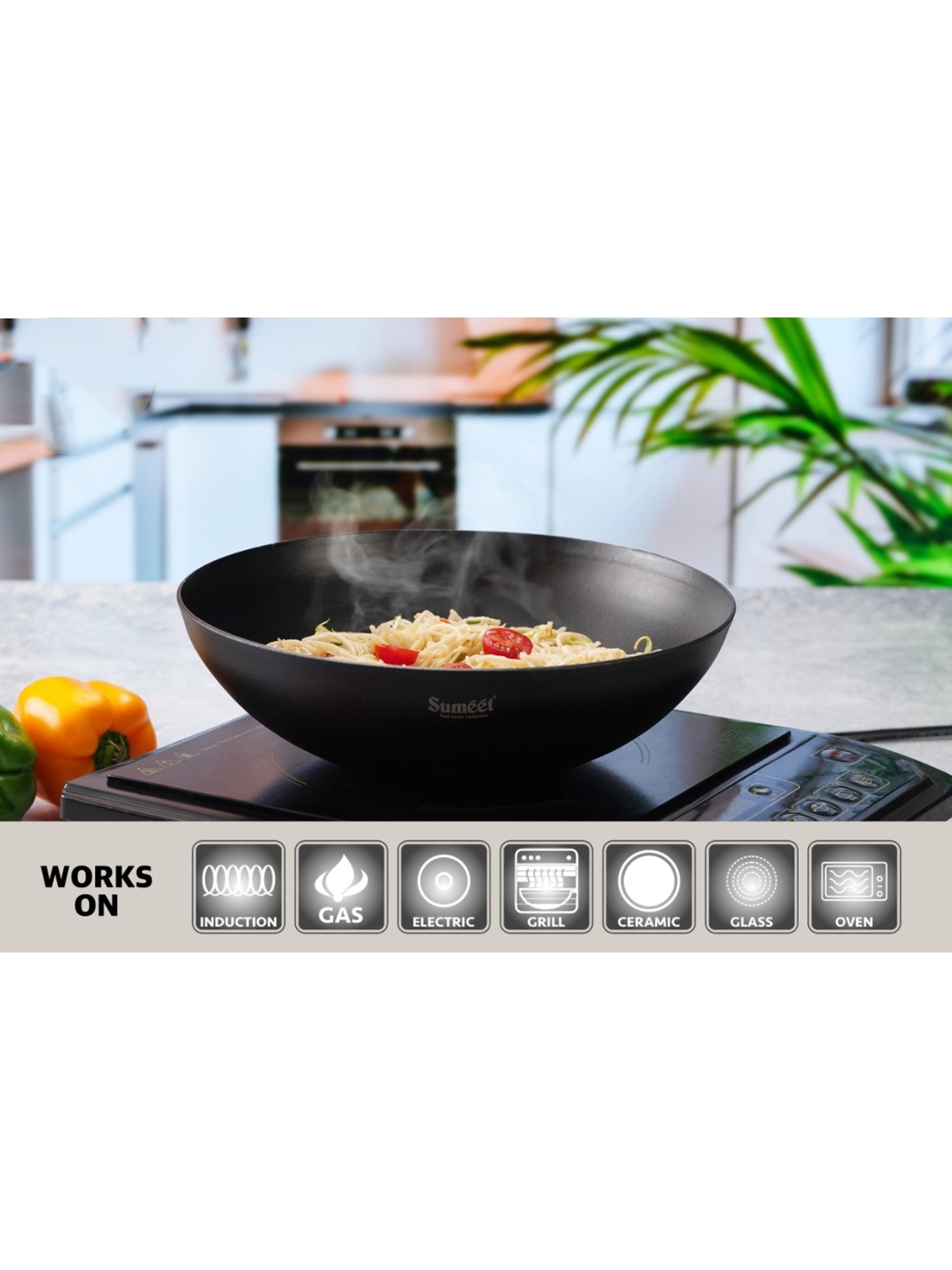 Sumeet Pre Seasoned Carbon Steel (Iron) Deep Tasra for Frying|27cm| 3100ml, Gas & Induction-Friendly