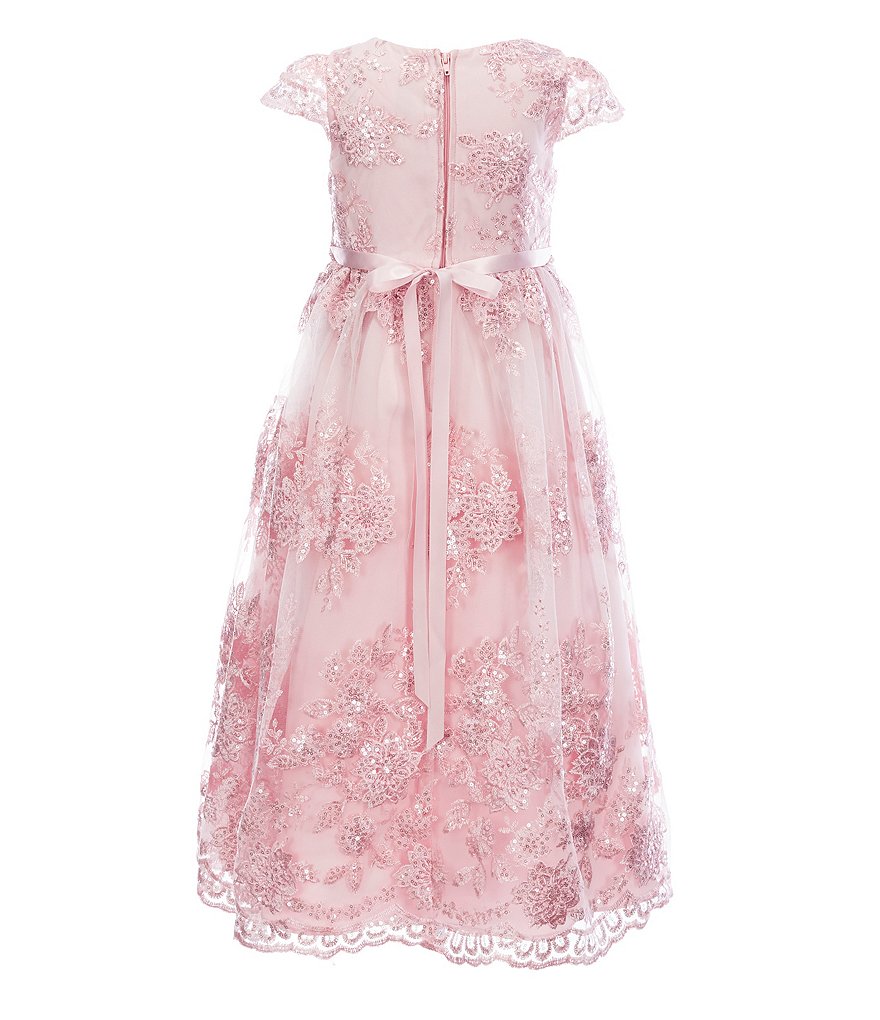 Rare Editions Little Girls 2T-6X Bow-Waist Satin/Jacquard-Stripe Hi-Low Ballgown