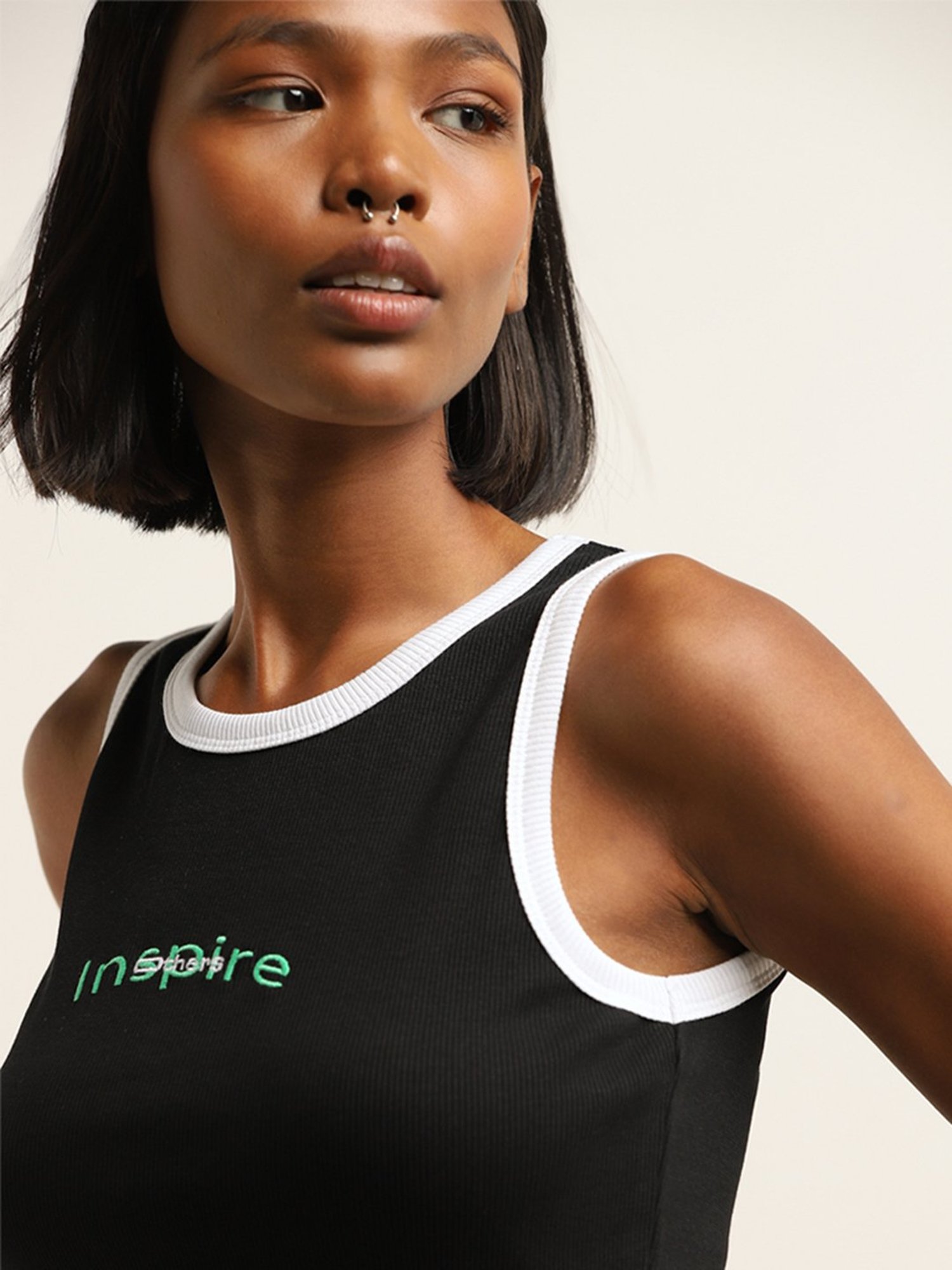 Studiofit by Westside Black Text Design Ribbed Cotton Blend T-Shirt