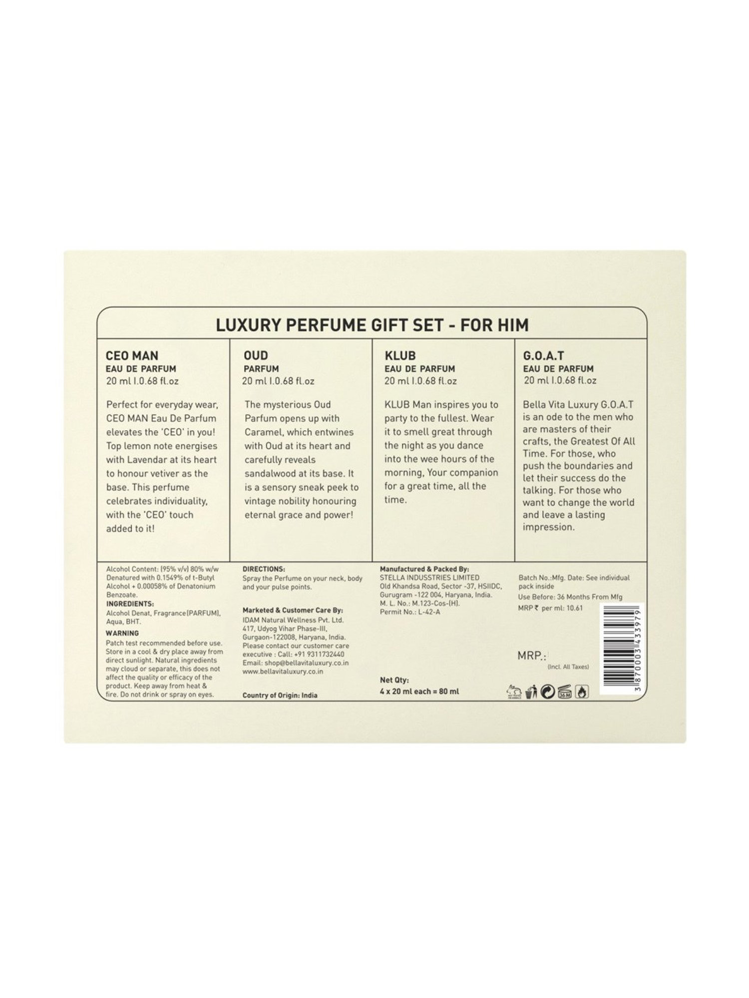 Bella Vita Luxury Perfumes Gift Set for Men - 4X20 ml Sampler Pack